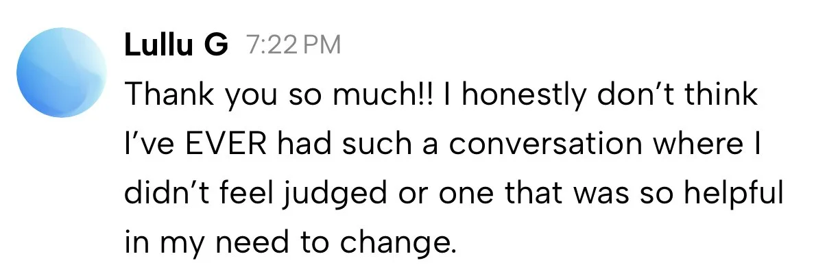 A screenshot of a message from Lullu G expressing gratitude and appreciation for a helpful conversation.