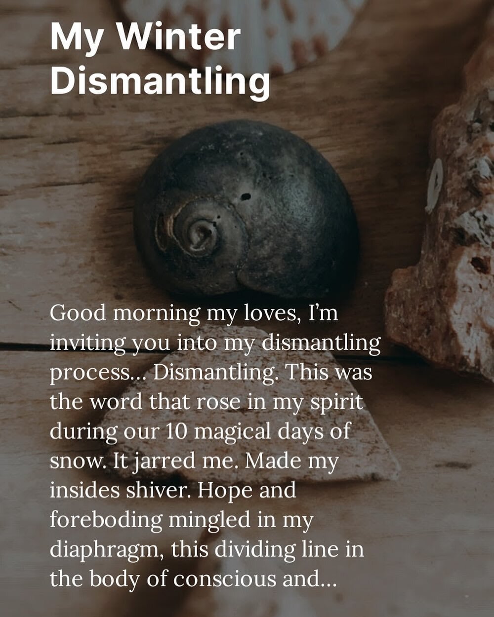 I&rsquo;m inviting you into my dismantling process&hellip;. You can read it all on my Substack..

Dismantling. This was the word that rose in my spirit during our 10 magical days of snow. It jarred me. Made my insides shiver. Hope and foreboding ming