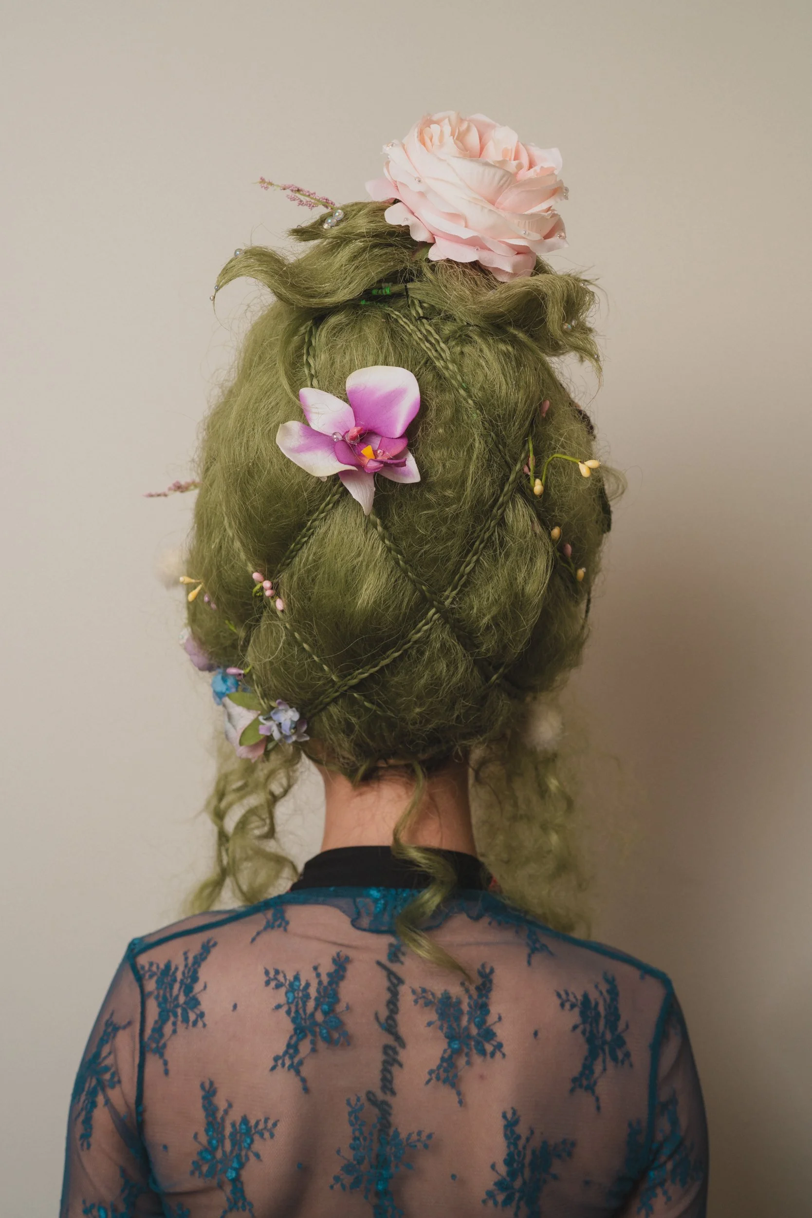 Custom styled wig with flower adornments, fairy