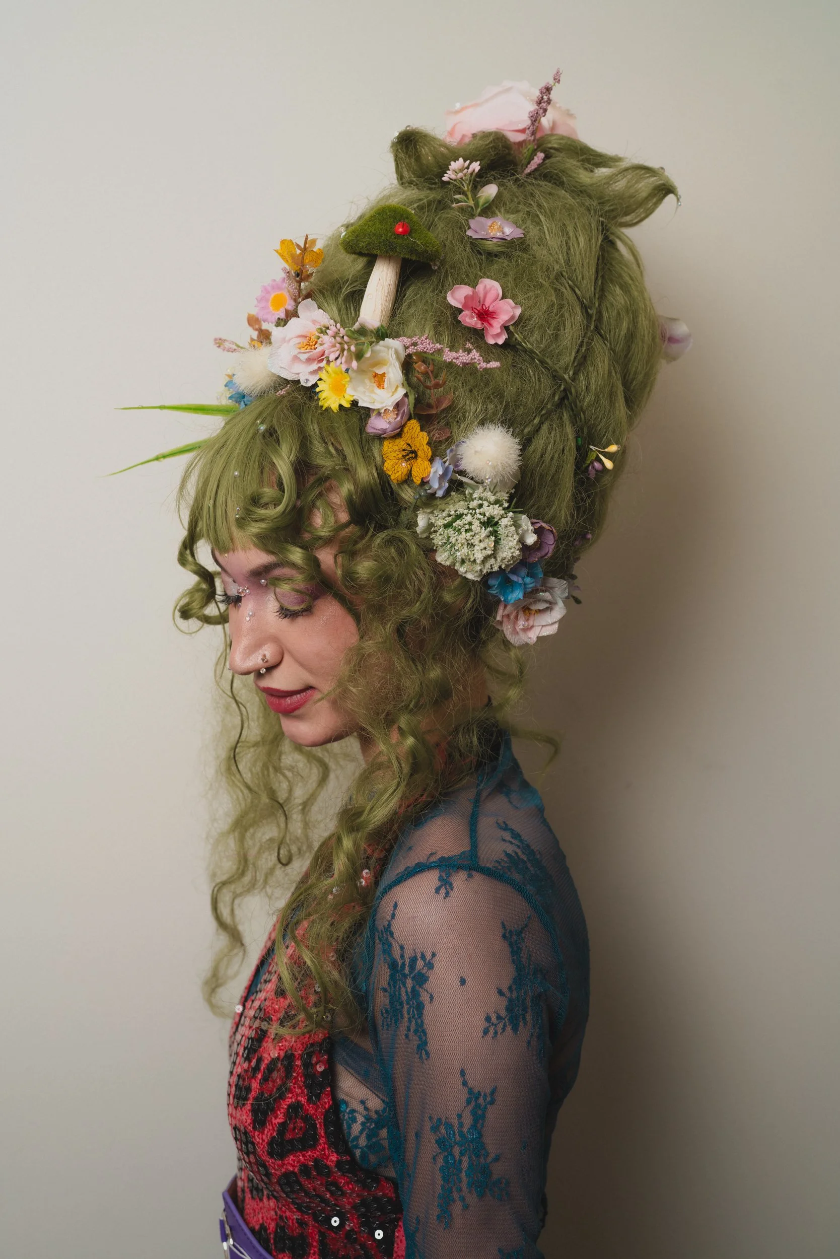 Fairy custom Styled Synethic Wig with Flower Adornments. Photo taken by Ali Brooks Photography