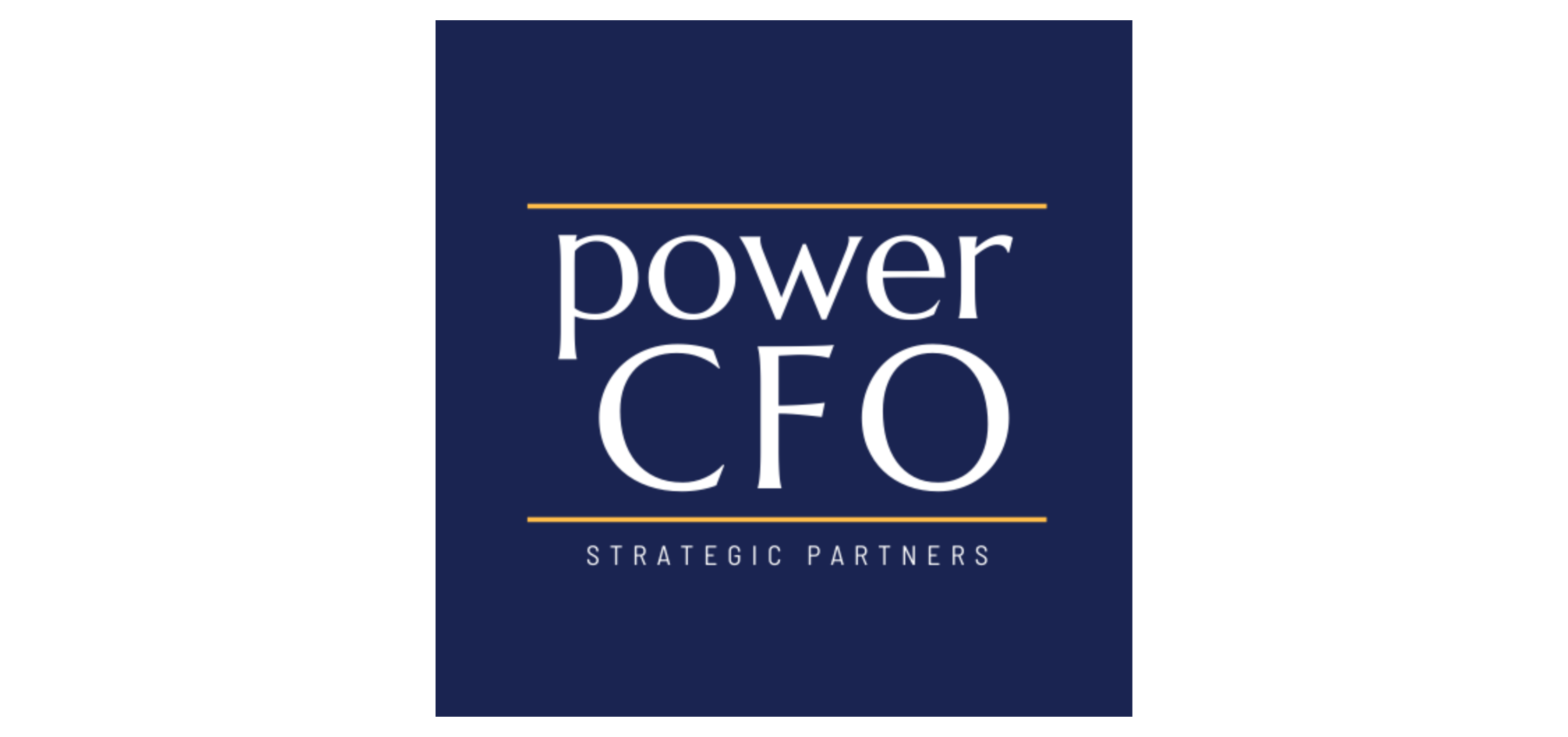 Power CFO logo with the text 'Strategic Partners' underneath on a dark blue background