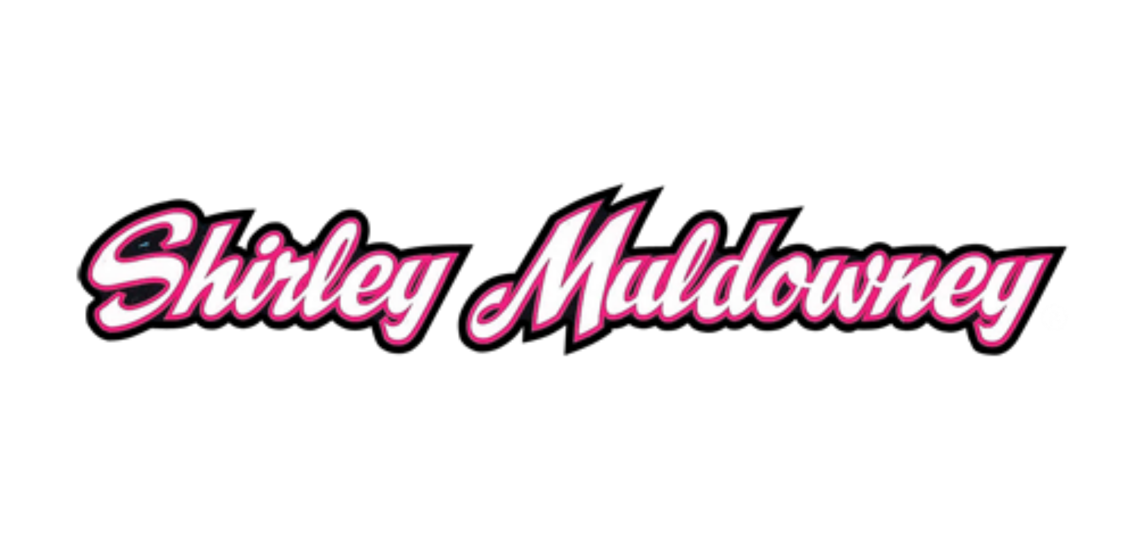 Text that reads 'Shirley Muldowney' in pink cursive font with white outline, on a black background.