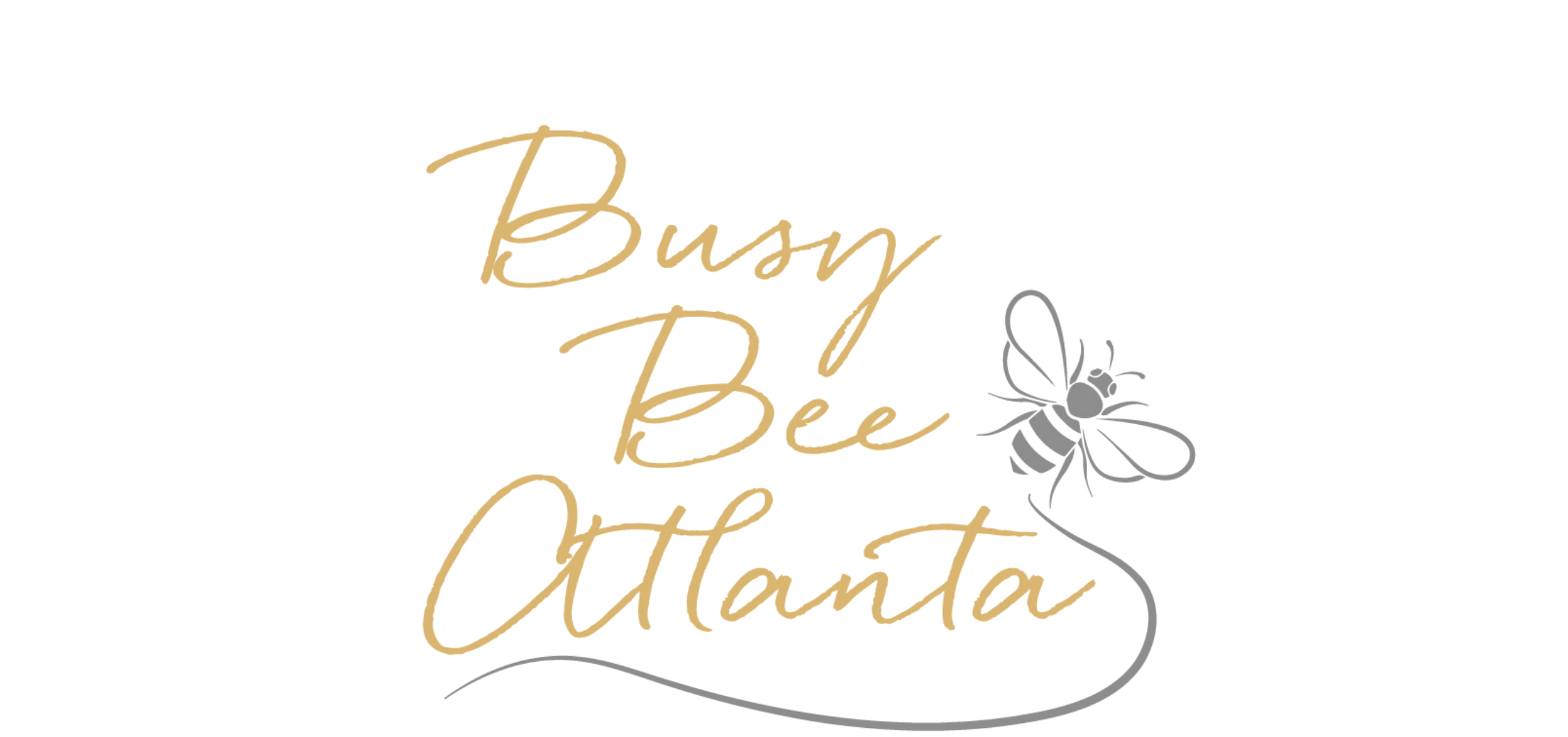A decorative logo with the words "Busy Bee Atlanta" written in elegant gold cursive font, accompanied by a gray outline illustration of a bee on a black background.