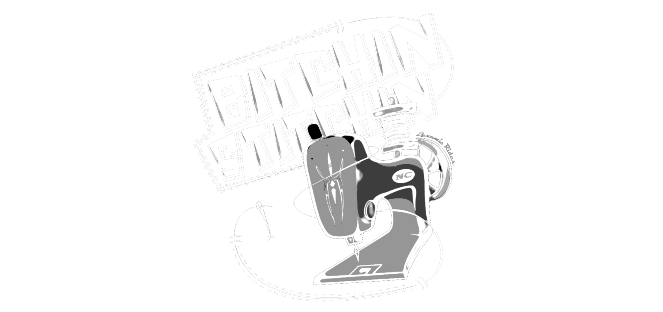 Black and white sketch of a sewing machine with a spool of thread on top, surrounded by the words 'Bitchin Stitchin' in bold text.