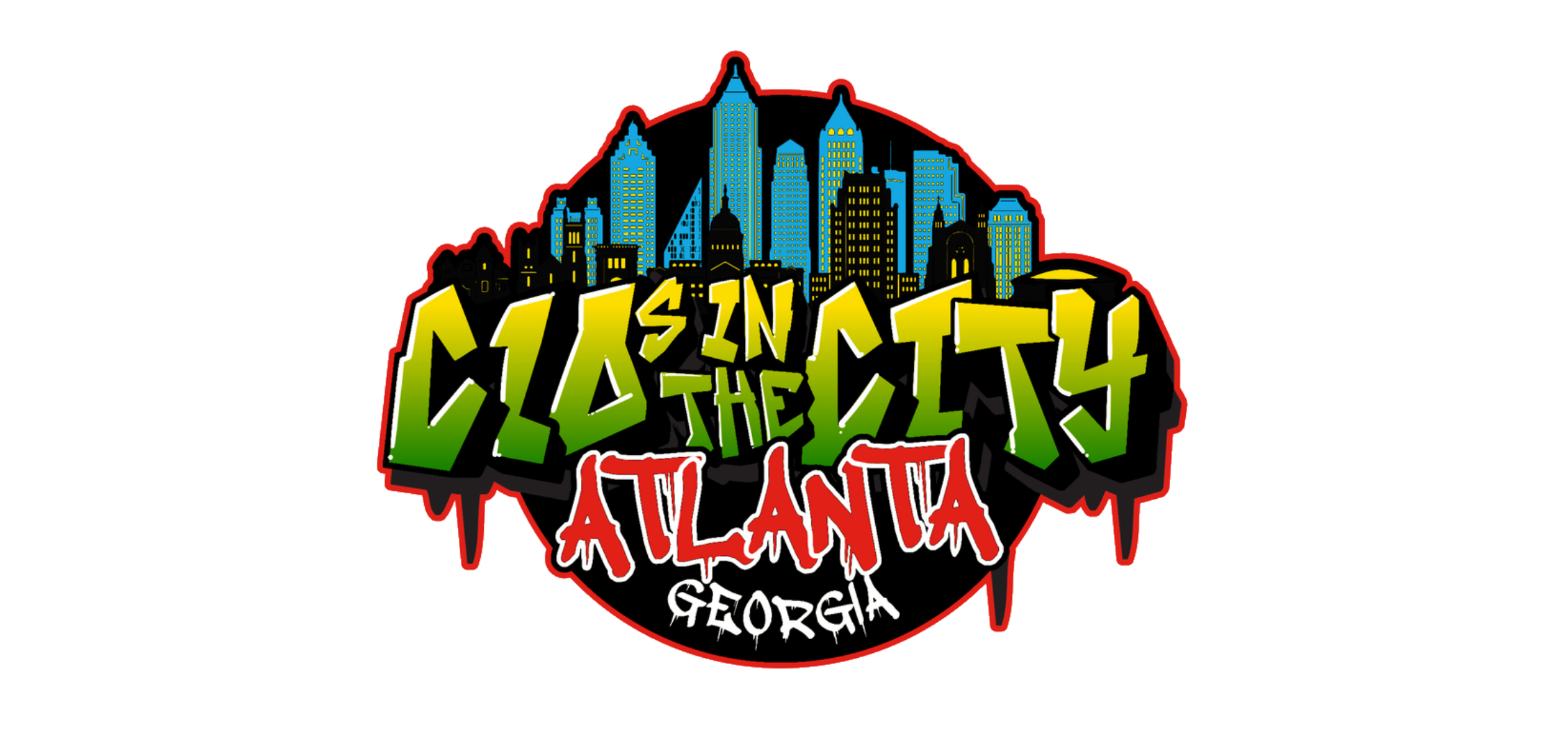 Graffiti-style logo for 'Ghost in the City Atlanta Georgia' featuring a stylized city skyline with tall buildings in blue, green, yellow, and black, with the text in bright yellow and red graffiti font.