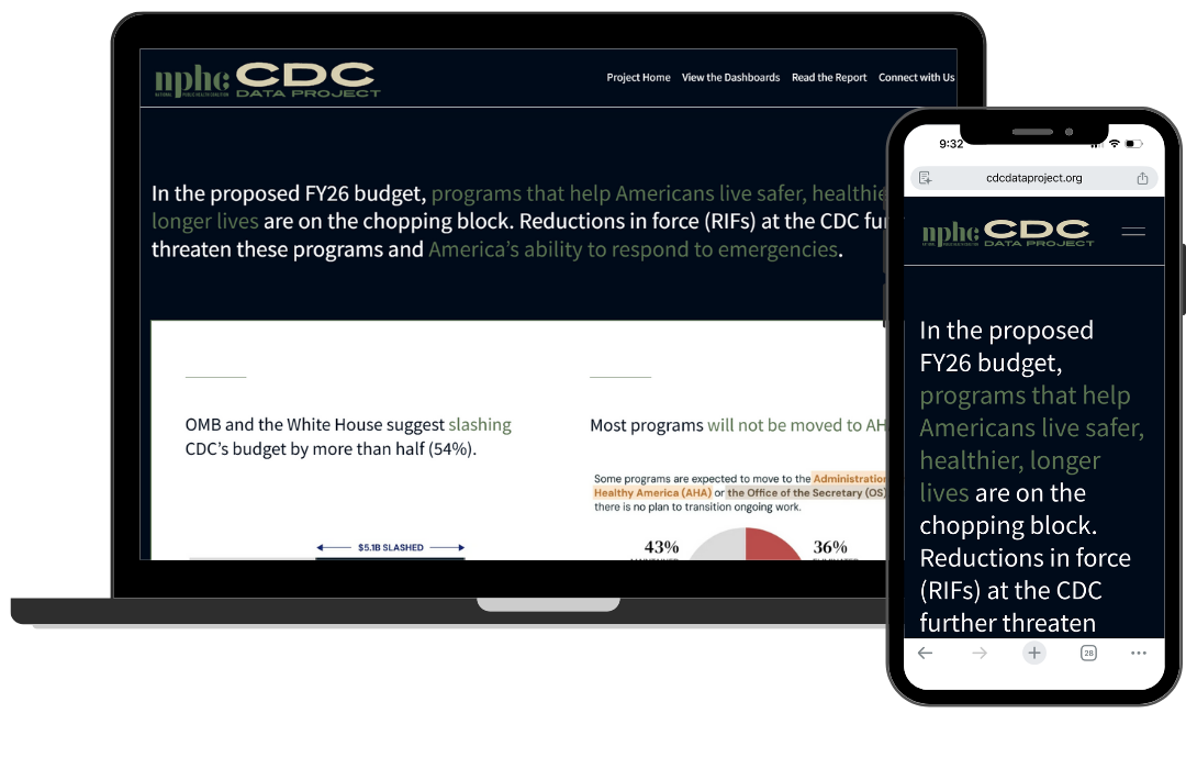 Screenshot of CDC Data Project website on a laptop and smartphone displaying a report on FY26 budget programs that help Americans live safer, healthier, longer lives, with key points about budget slashing and program plans.