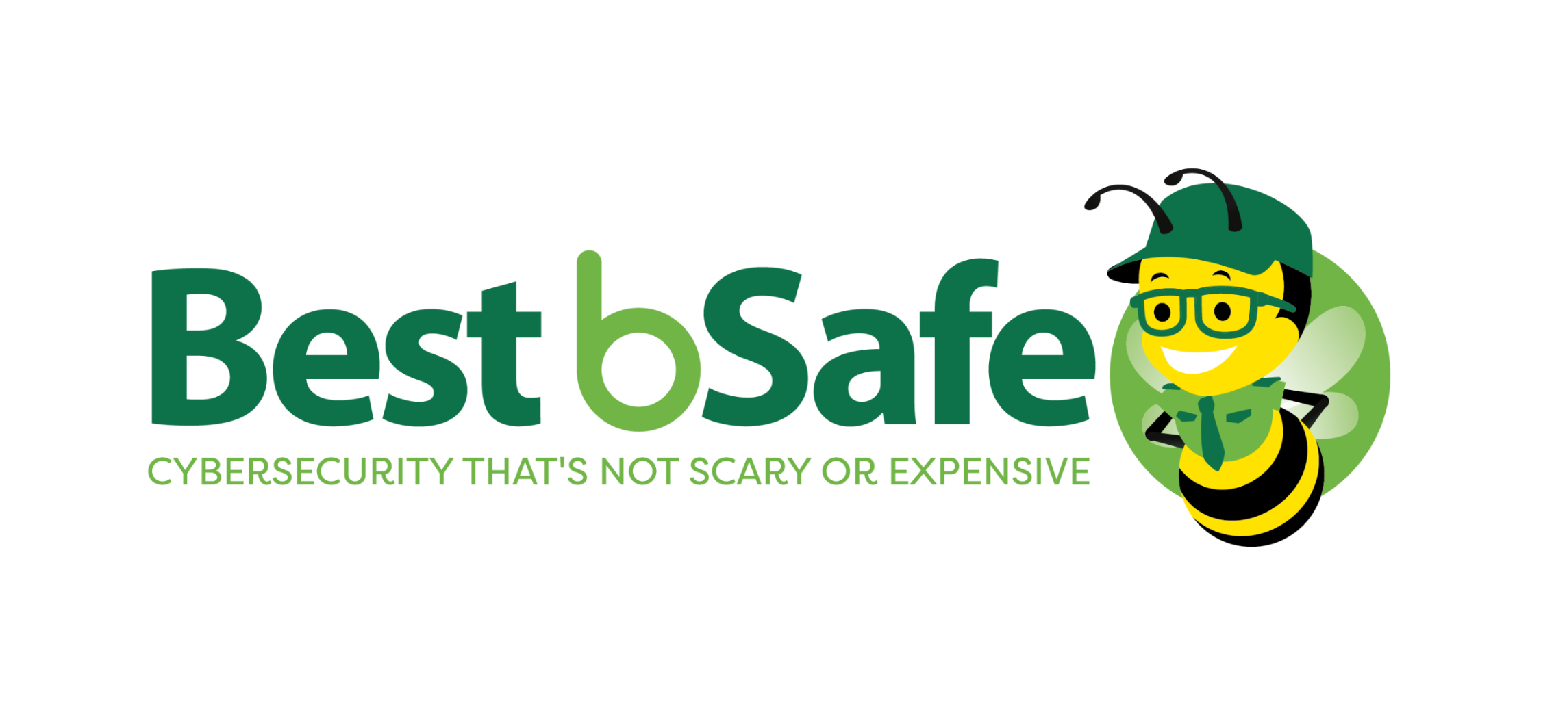 Logo for 'Best bSafe' with a smiling bee character wearing glasses, a green shirt, and a green hat, accompanied by the tagline 'Cybersecurity that's not scary or expensive'.