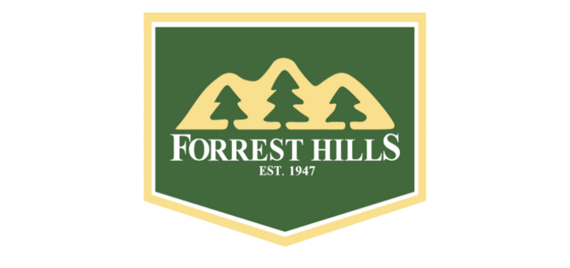 Forrest Hills logo with green background, yellow border, and mountain and tree graphics, with text 'Forrest Hills' and 'Est. 1947'.