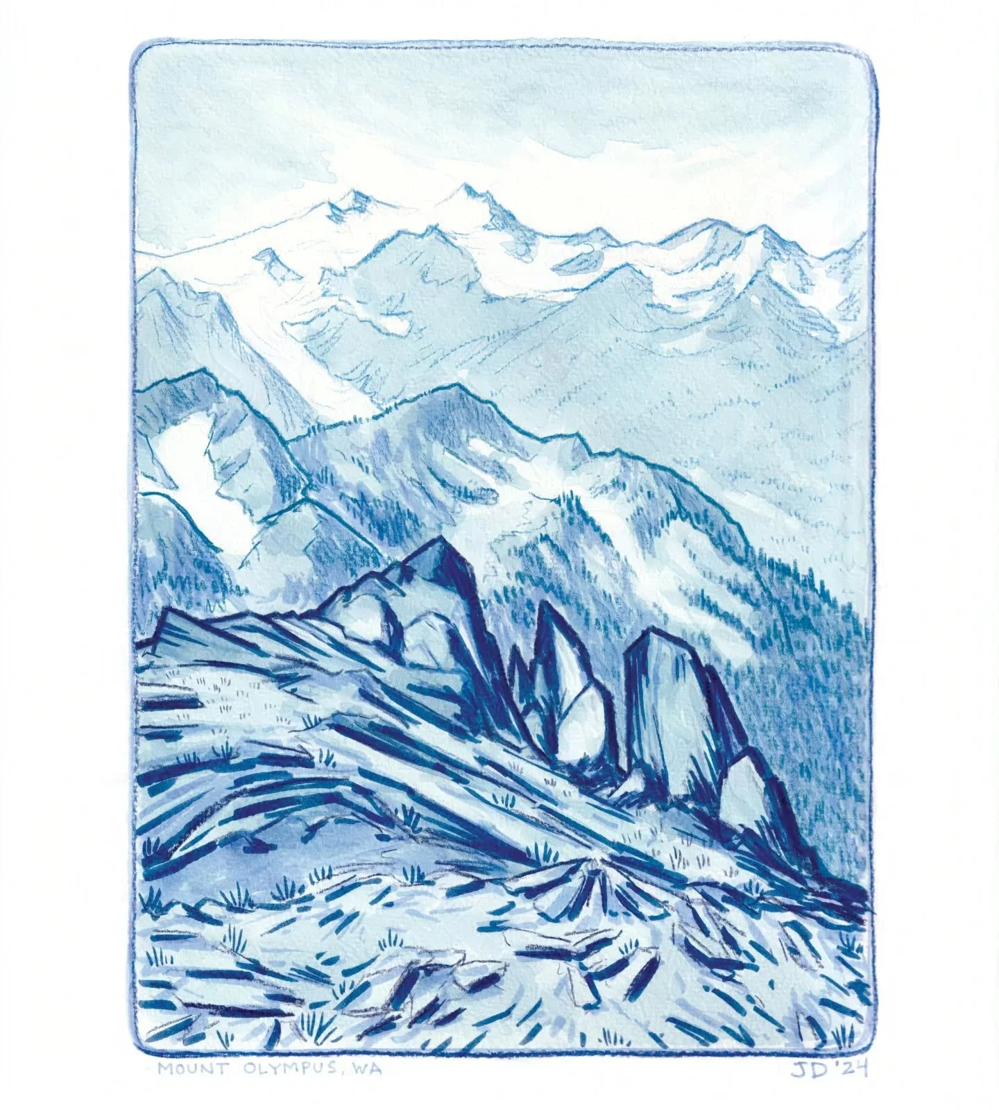 A nice break from all the digital work lately. Wash, marker, and colored pencil sketch from a refrence photo I took in Olympic National Park in '22. I'm really vibing with the monochromatic color schemes these days, which helps me focus on value inst