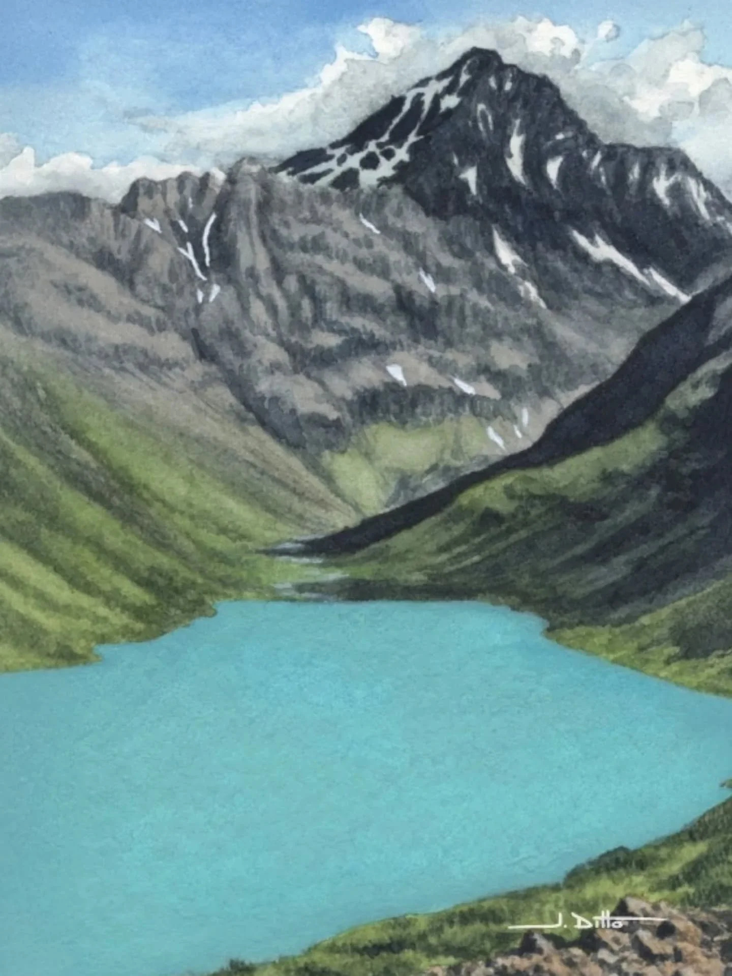 The next two paintings from my mini series, &quot;Scenes from the Chugach,&quot; are Eagle Lake and the Watchman!

Eagle Lake gets its color from glacial silt, and really is that blue! (See the last slide for a photo from a hike this summer).

The Wa