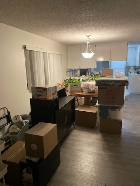 Living and dining area filled with moving boxes and packages, with a black cabinet, a round dining table, and a chandelier overhead.
