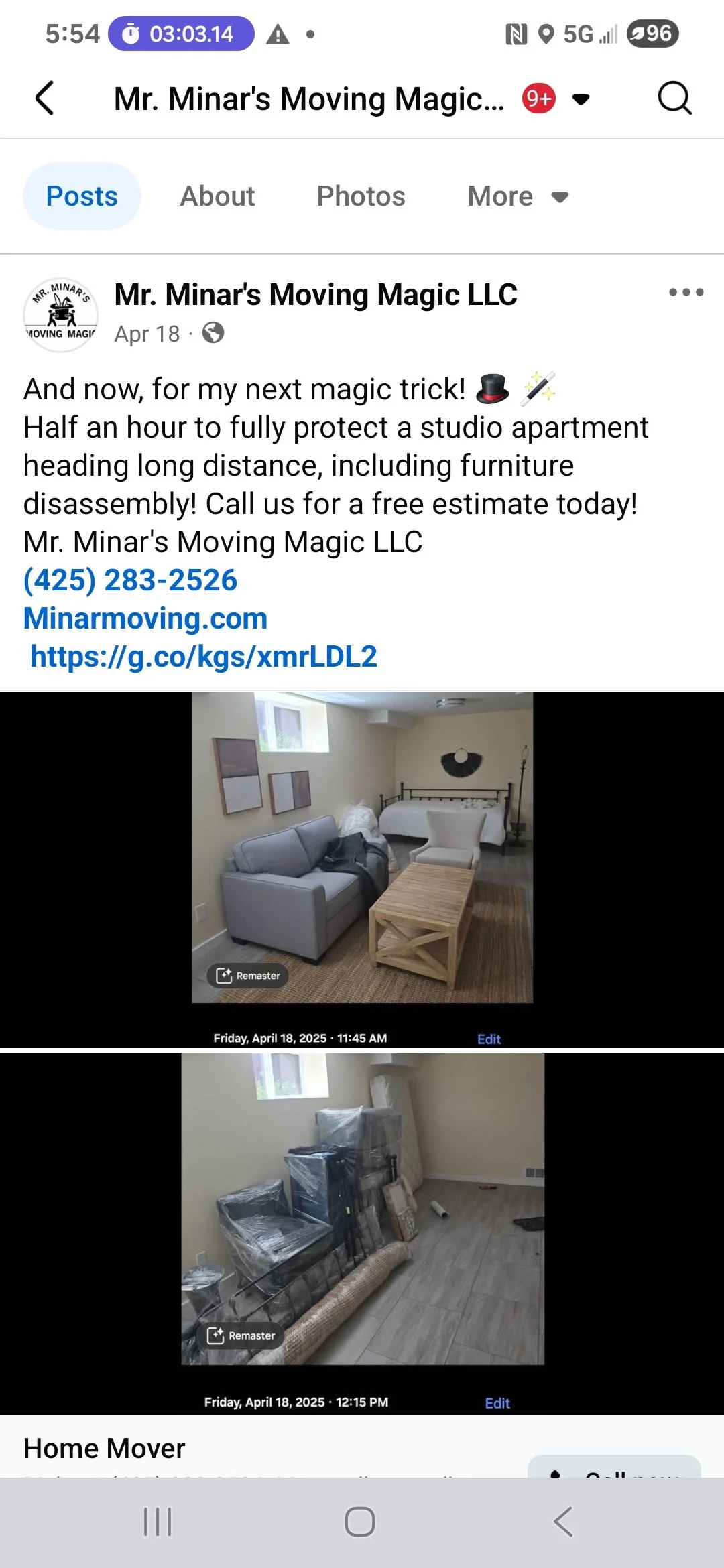 A room with a gray sofa and a white bed, decorated with wall art, with a window on the wall. Another room with packed furniture wrapped in plastic and some decor items visible on the floor.