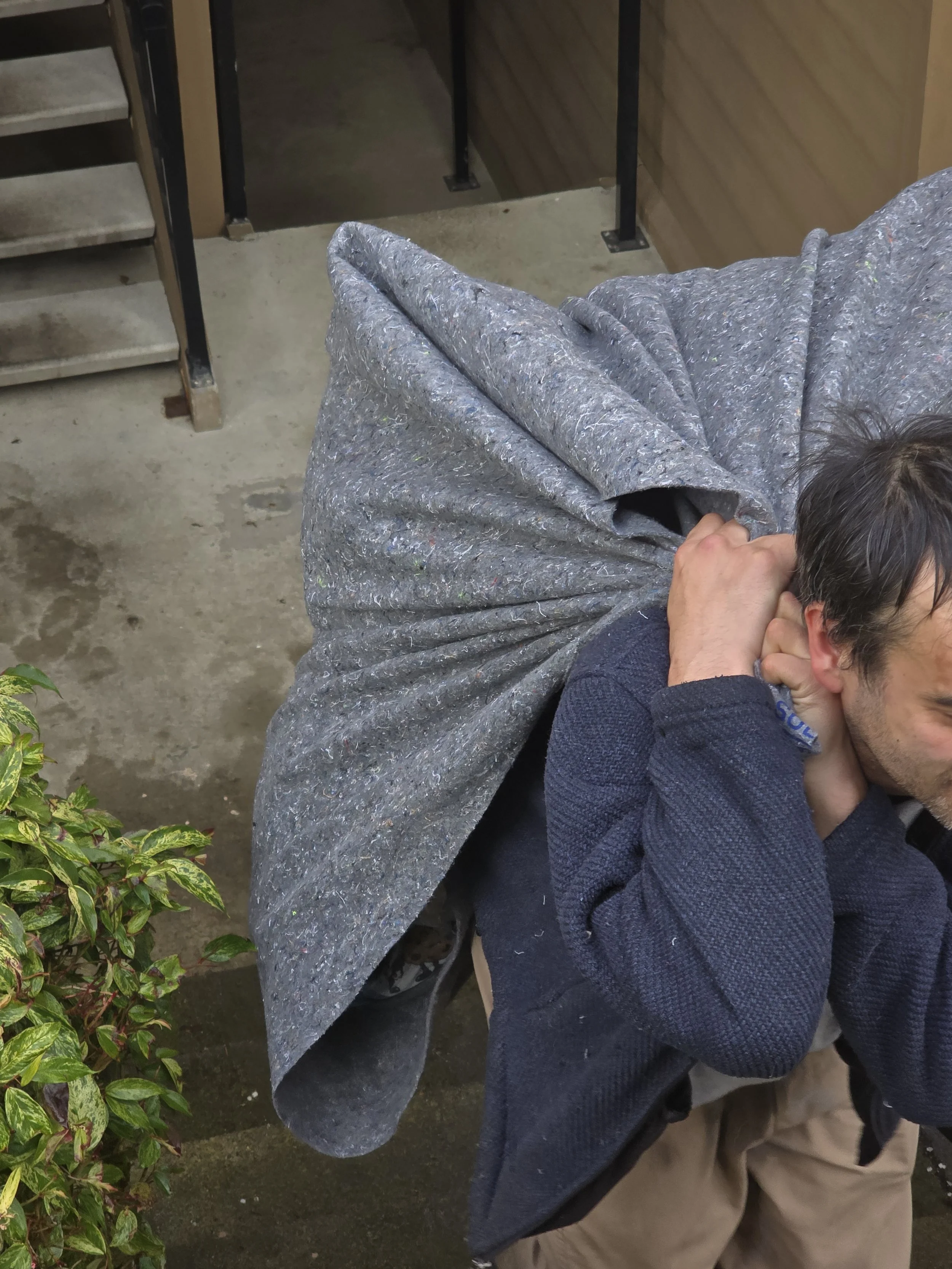 Man carrying large, gray, speckled felt blanket or fabric on his back while crouching and holding his neck, outdoors near plants and a concrete step.