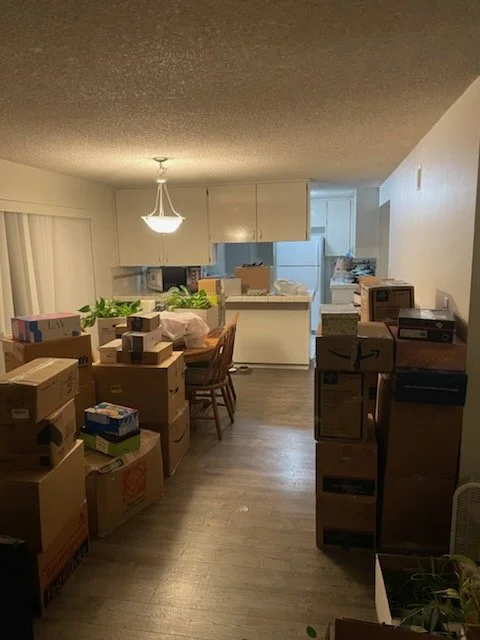 Living room and kitchen filled with moving boxes and packages in a home, with a dining table and chairs, and a chandelier overhead.