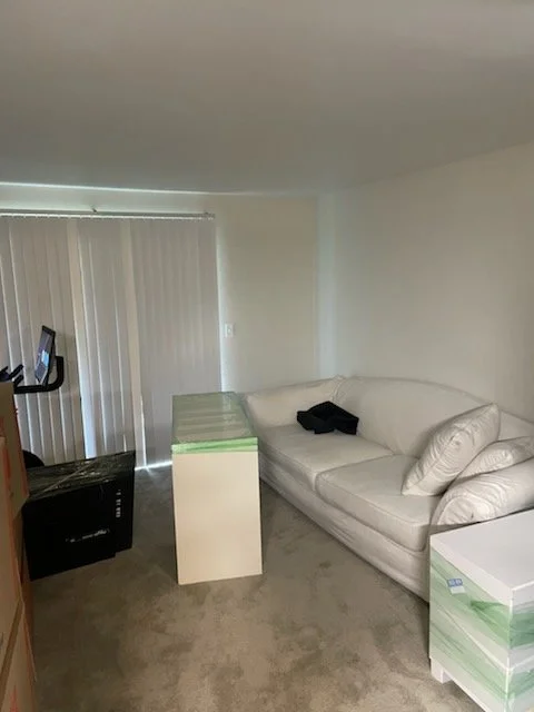 Living room with white couch, pillows, and cardboard boxes, next to a window with vertical blinds and an exercise bike.