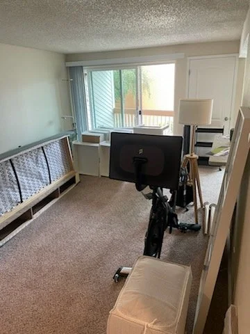 Room with carpeted floor, window with vertical blinds, and sliding glass door leading to a balcony. Contains a standing lamp, exercise bike, and a large piece of furniture, possibly a bed frame or storage unit, leaning against the wall.
