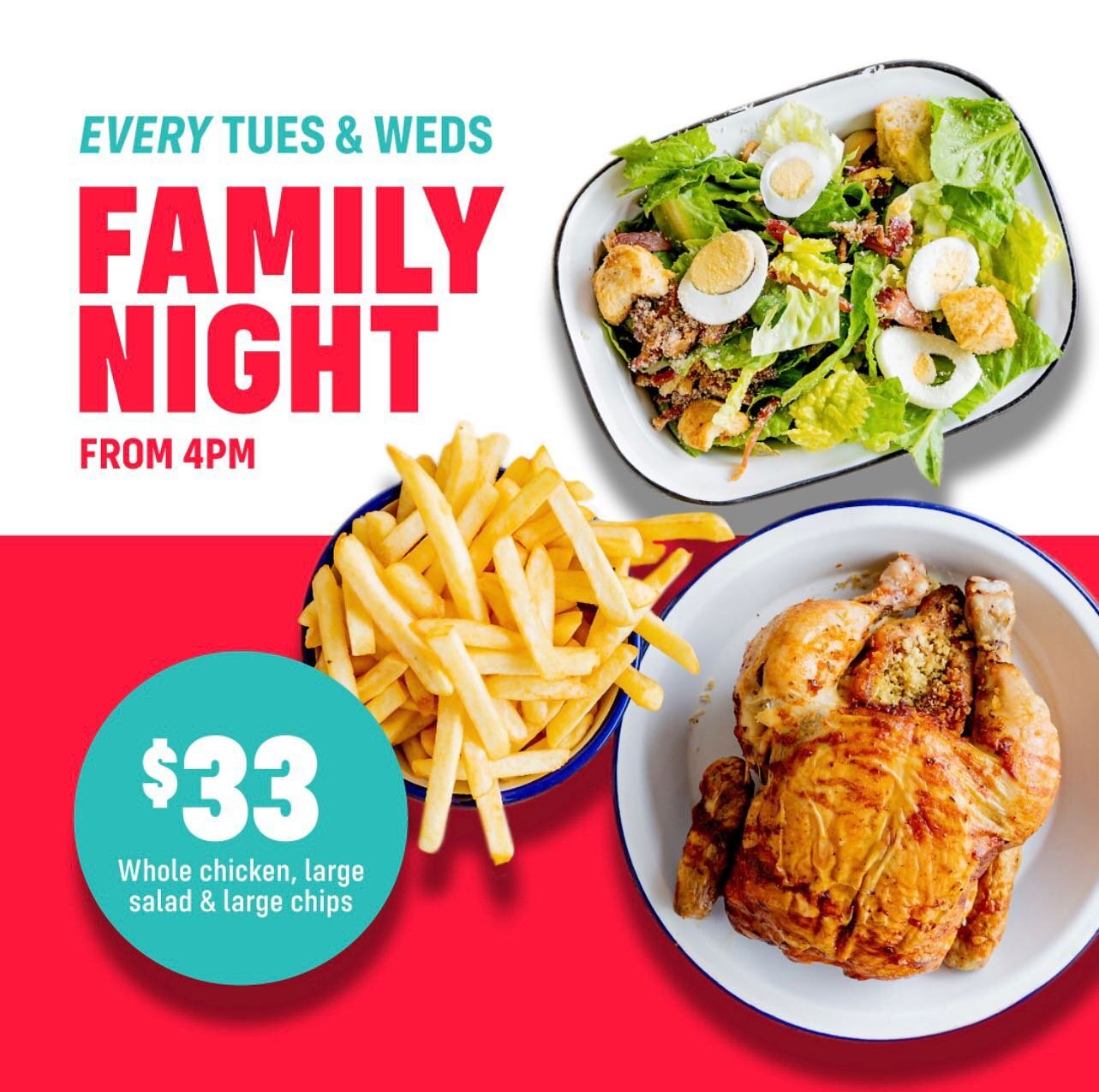 Yessss!! You heard right!!! We&rsquo;re offering our Family packs from 4pm Tuesday AND Wednesday for $33! 

Instore Belrose &amp; NewPort. 
.
.
.
.
#dinnerdeals #thehonestchicken #northernbeacheslocal #goodfoodguide #healthyfood #localeats #rotisseri