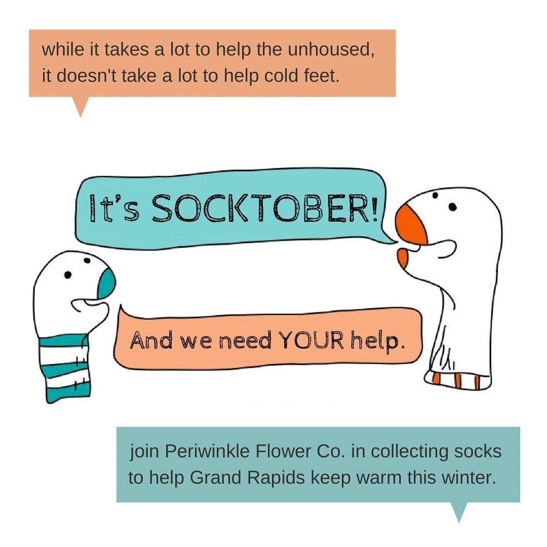 It is estimated that, in the United States, 600,000 people sleep on the streets each night. That&rsquo;s a lot of cold feet this winter.

Join Periwinkle Flower Co. in collecting socks to help our unhoused neighbors of Grand Rapids stay a little warm