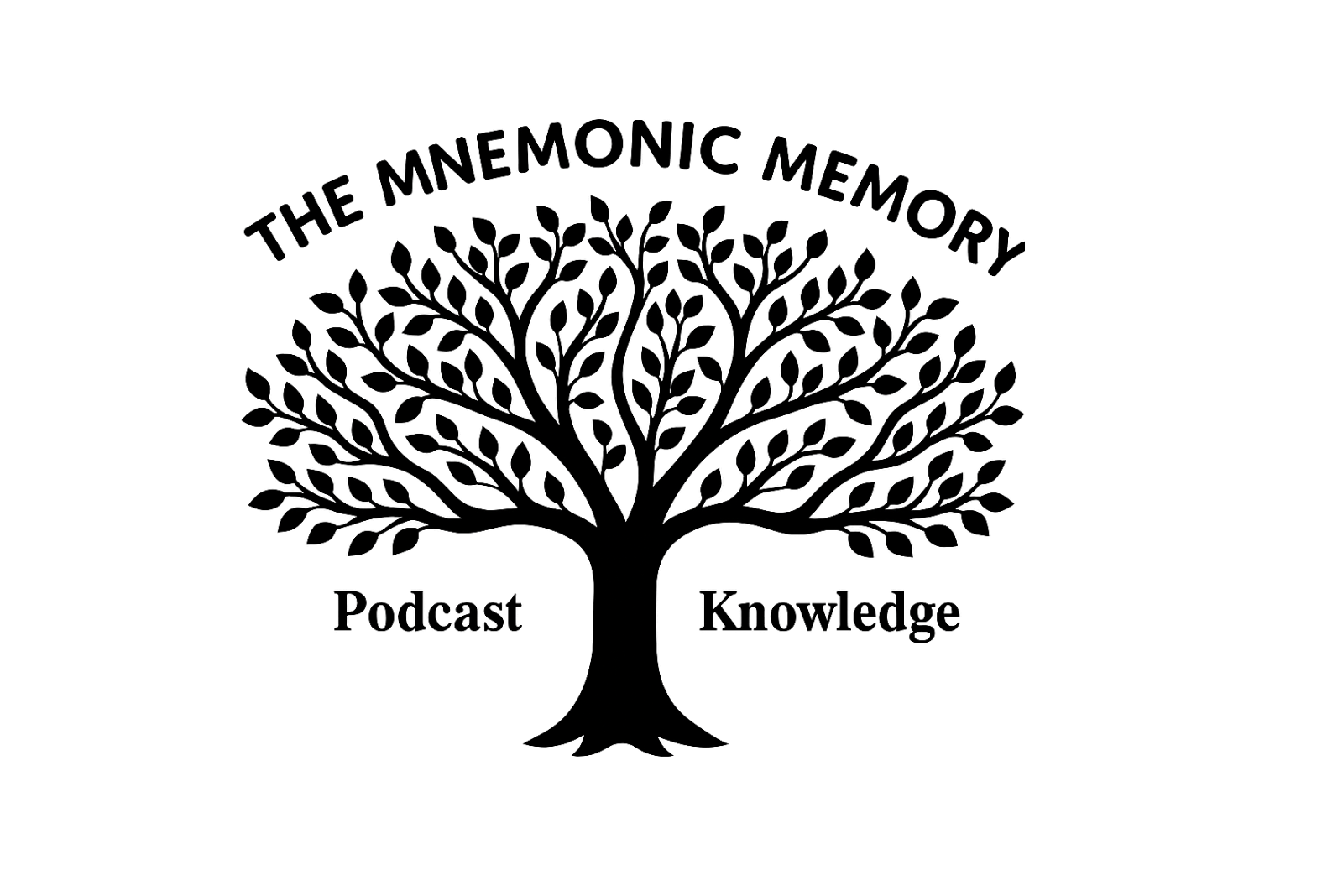 A black and white logo with a stylized tree, the text at the top reads 'The Mnemonic Memory,' and the words 'Podcast' and 'Knowledge' are below the tree.