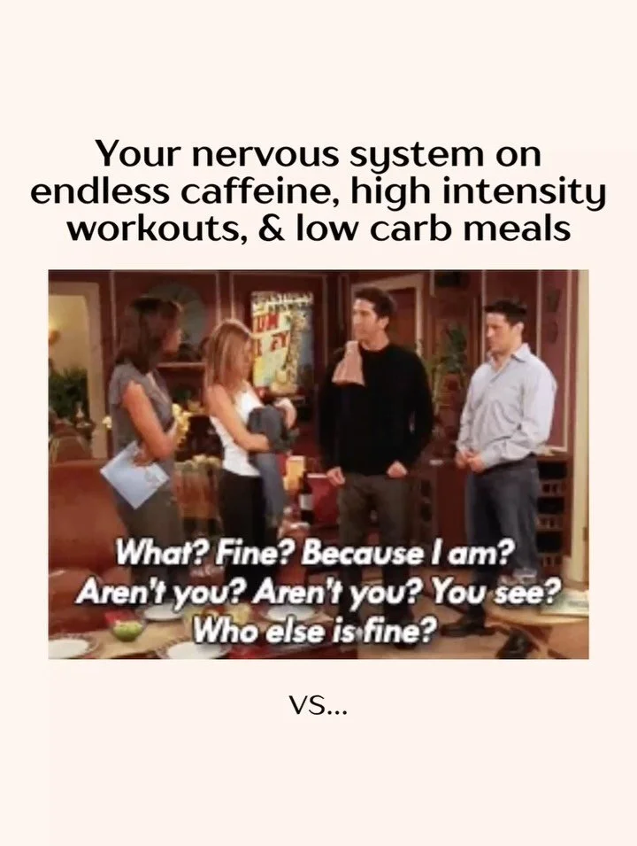 😮&zwj;💨 A lot of &ldquo;I&rsquo;m anxious, wired, &amp; exhausted&rdquo; is really &ldquo;I&rsquo;m depleted.&rdquo; 
You can look like you&rsquo;re handling it while your nervous system is red-lining underneath. 
🫠 Skimping on carbs, loading up o