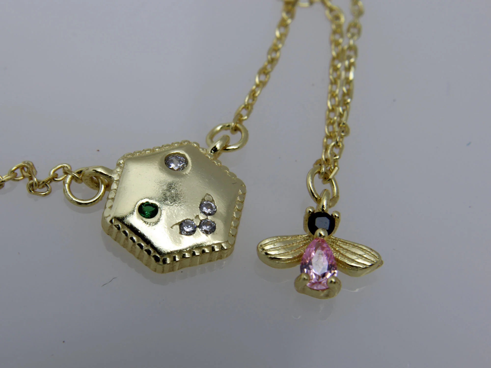 Honeycomb and Bee Gold Plated Sterling Silver Necklace