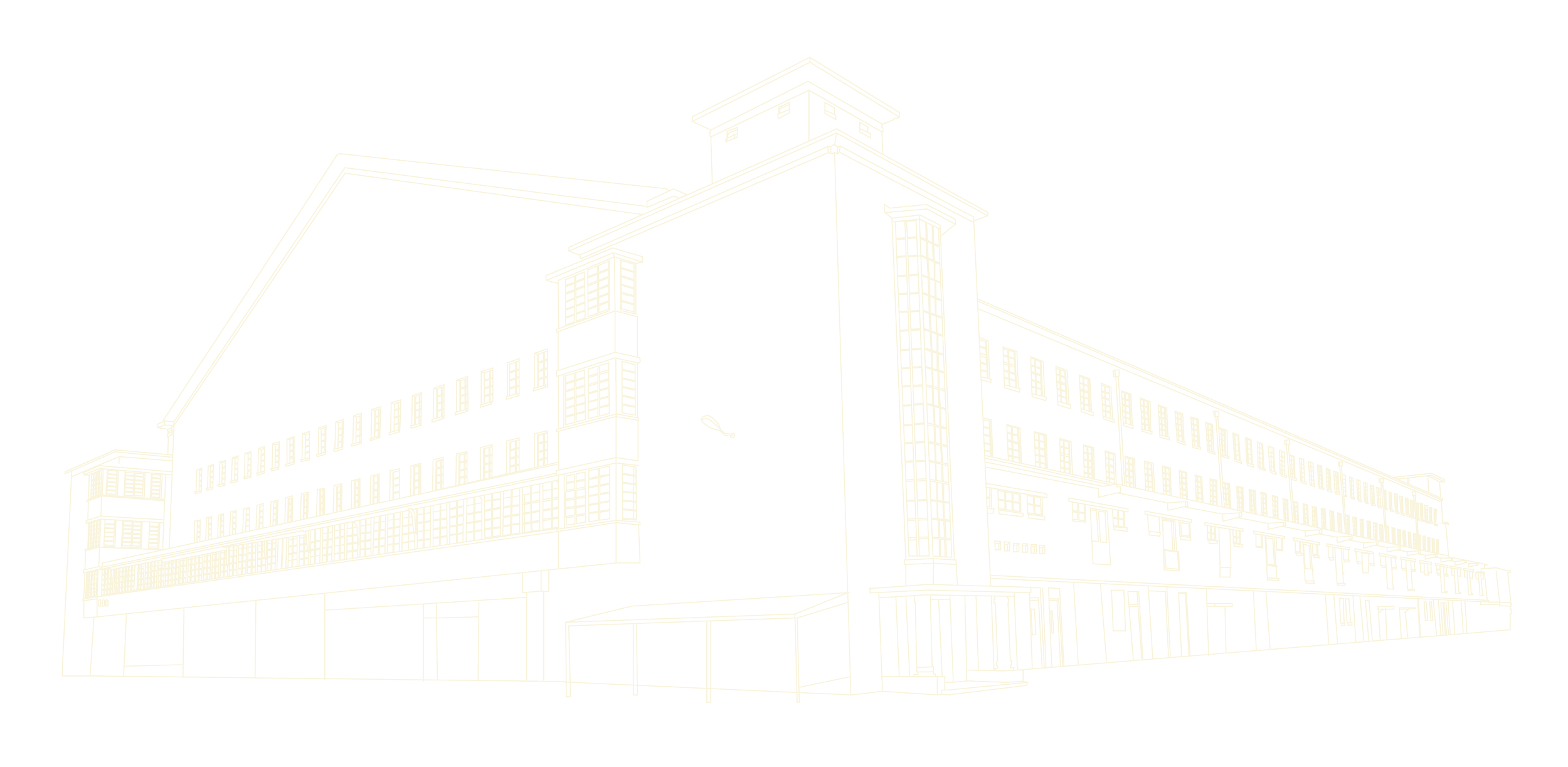 Een zwart-wit lijntekening van een groot, modern gebouw met meerdere verdiepingen, ramen en een uitbouw aan de onderkant.