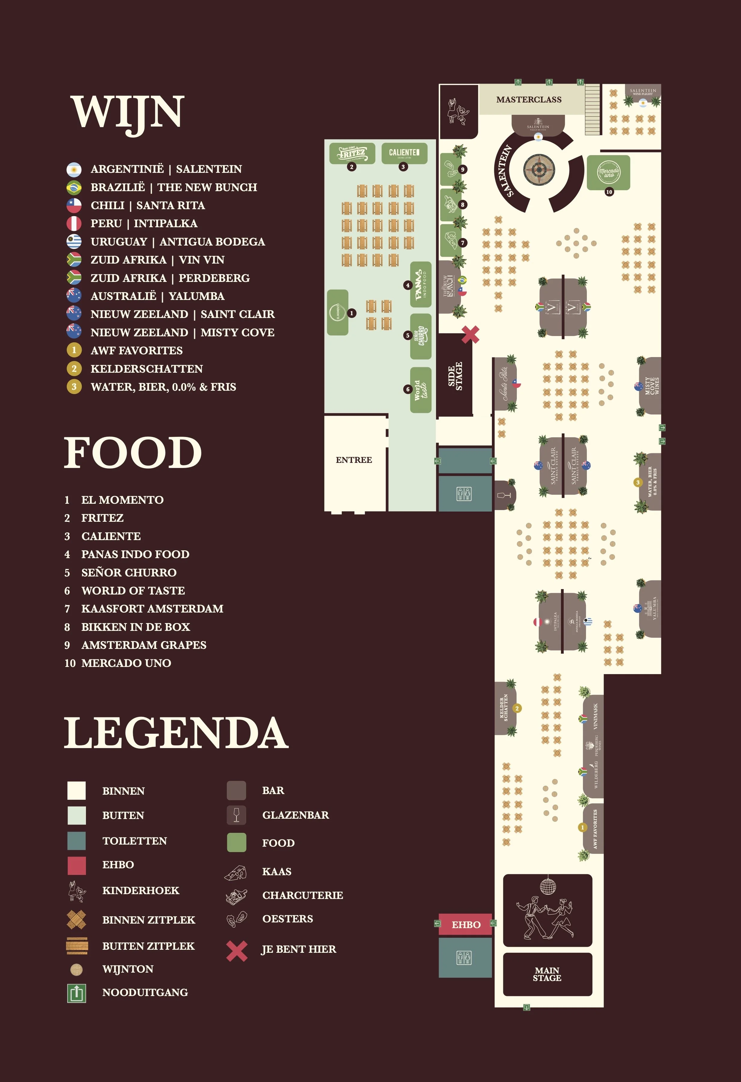 Plattegrond van een wijn- en foodfestival met locaties voor wijnproeverijen, foodstands, toiletten, een hoofdtribune en een hoofdpodium. Daarnaast een legend met symbolen voor binnen, buiten, toiletten, EHBO, kinderhoek, wijn, food, kaas, charcuterie, oesters, en drank.