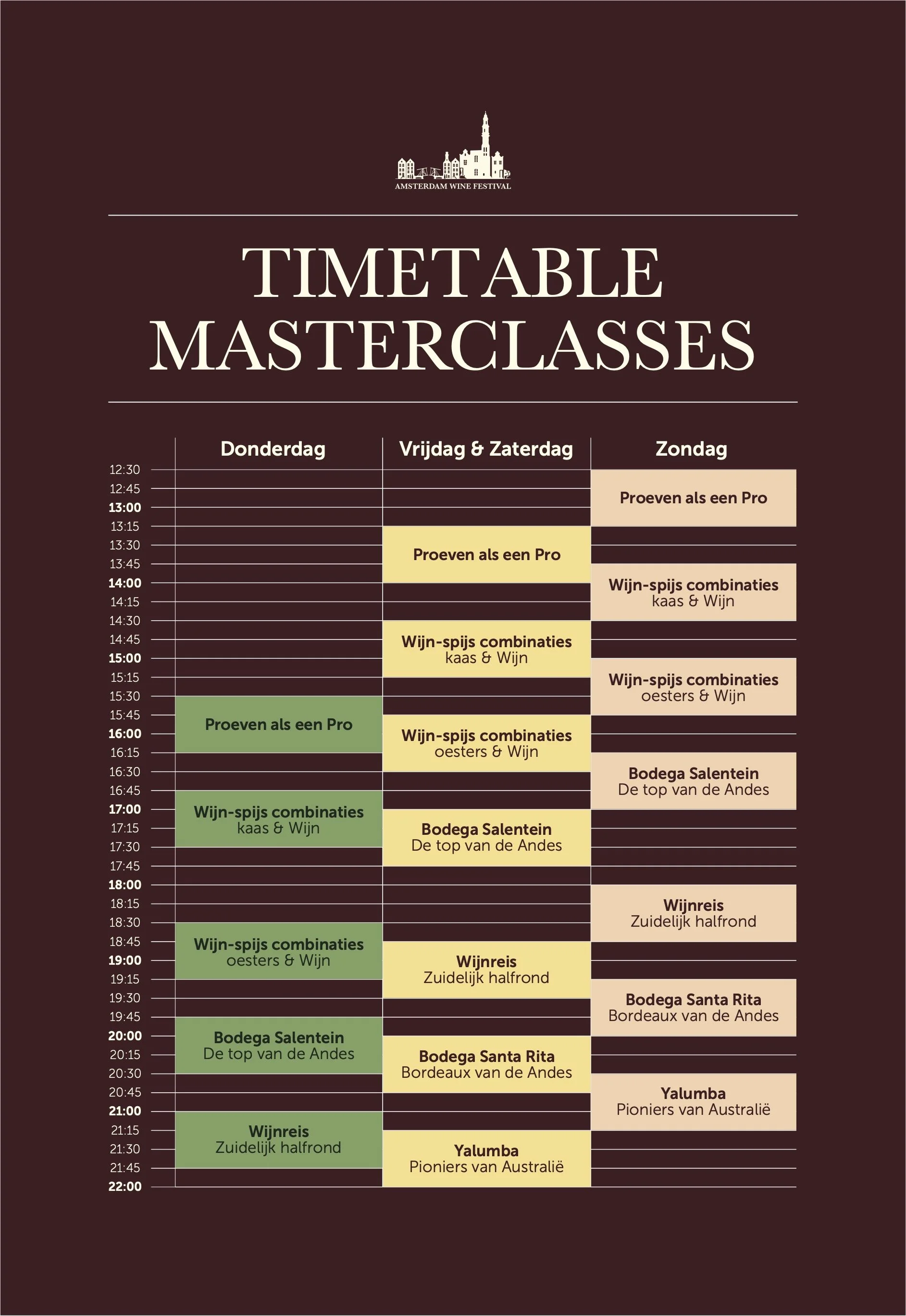 Schema van de horecagelegenheid met tijden voor masterclasses, waaronder proefproeverijen, wijn-spijs combinaties, en wijnreizen, verdeeld over donderdag, vrijdag & zaterdag, en zondag.