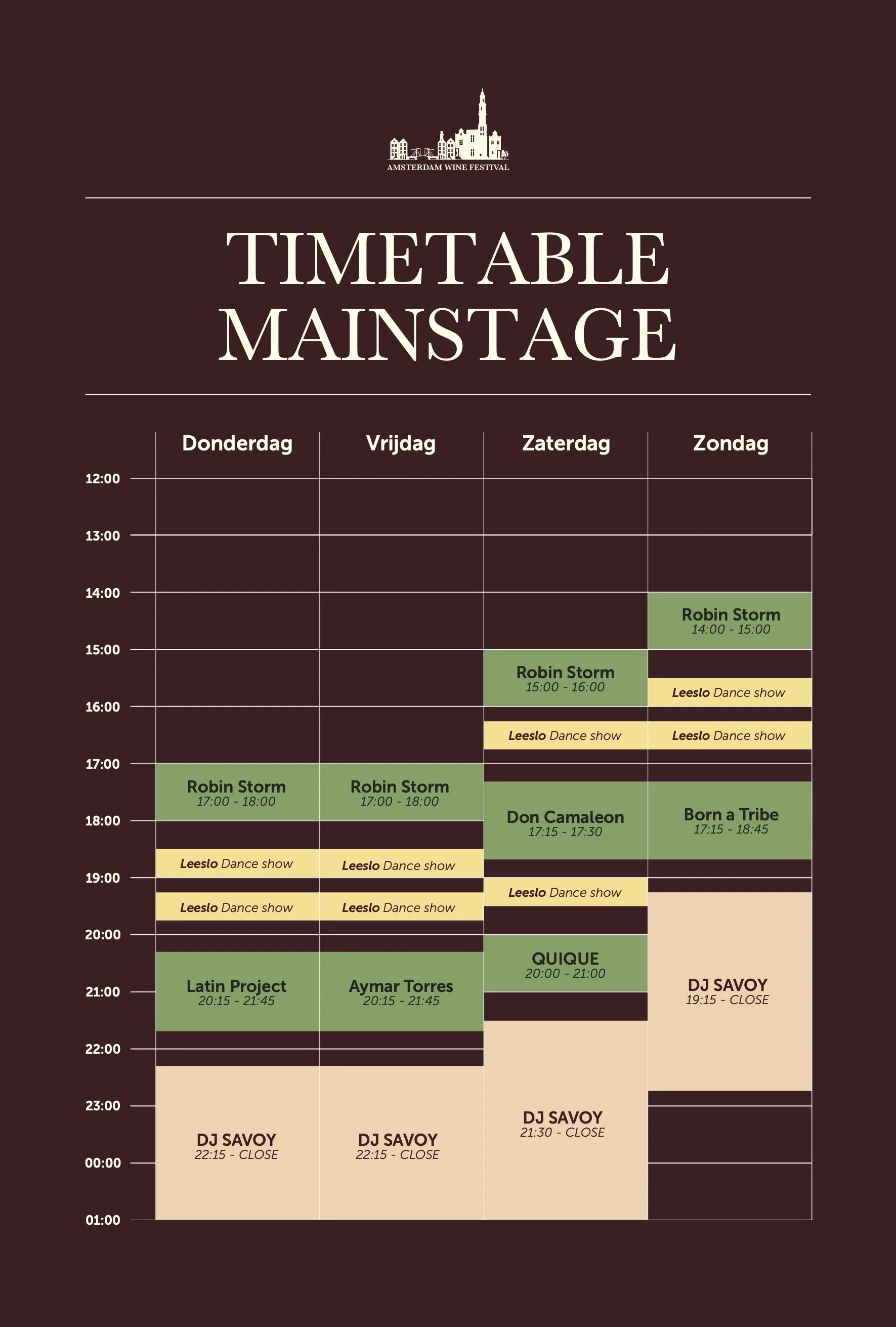Schema van het hoofdpodium met het tijdschema voor het Amsterdam Wine Festival, met verschillende artiesten en shows op donderdag tot zondag, inclusief DJ-sessies.