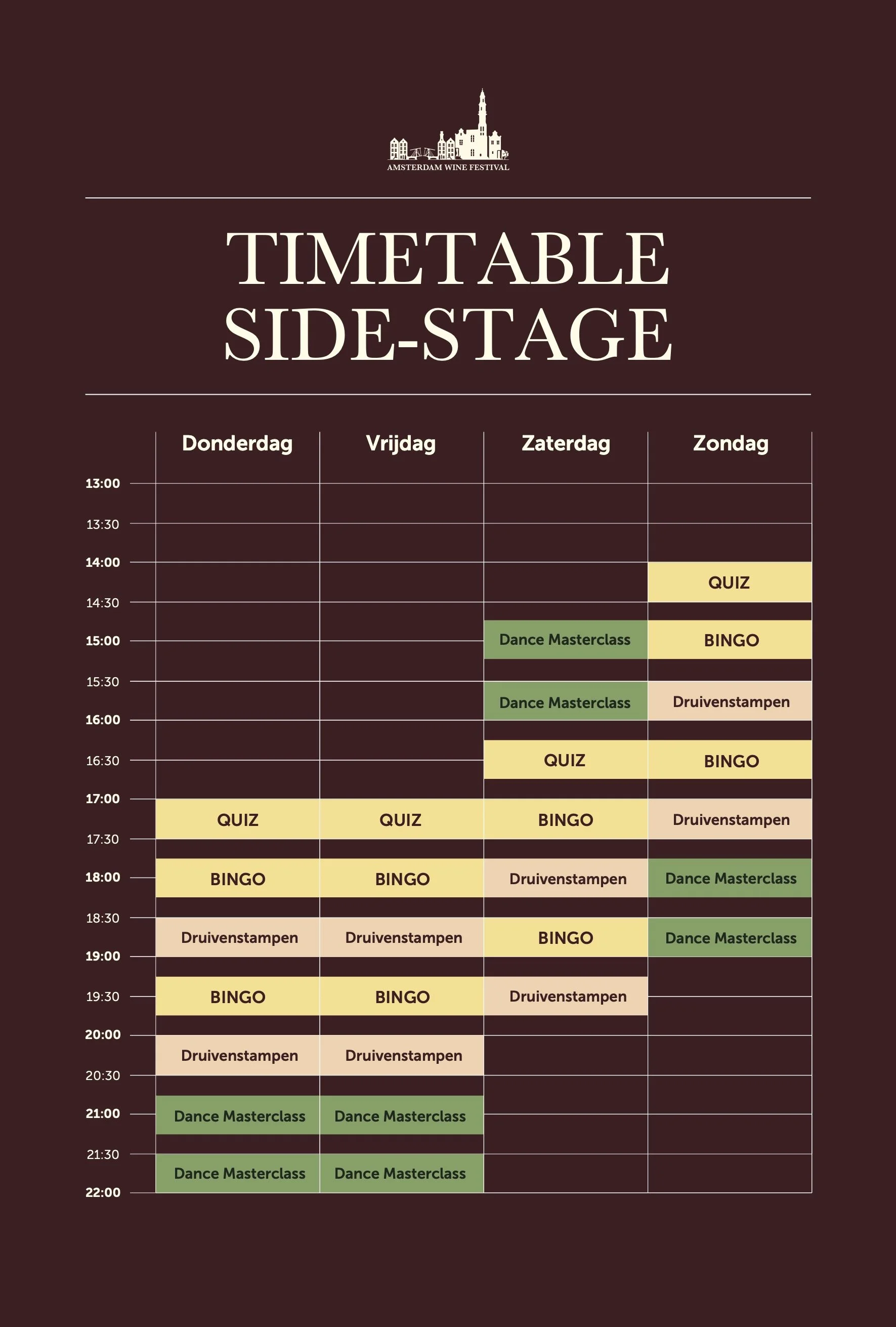 Schema van het tijdschema voor het zijpodium van het Amsterdam Wine Festival met activiteiten van donderdag tot zondag, waaronder quizzen, bingo, druivenstempels en dance masterclasses.