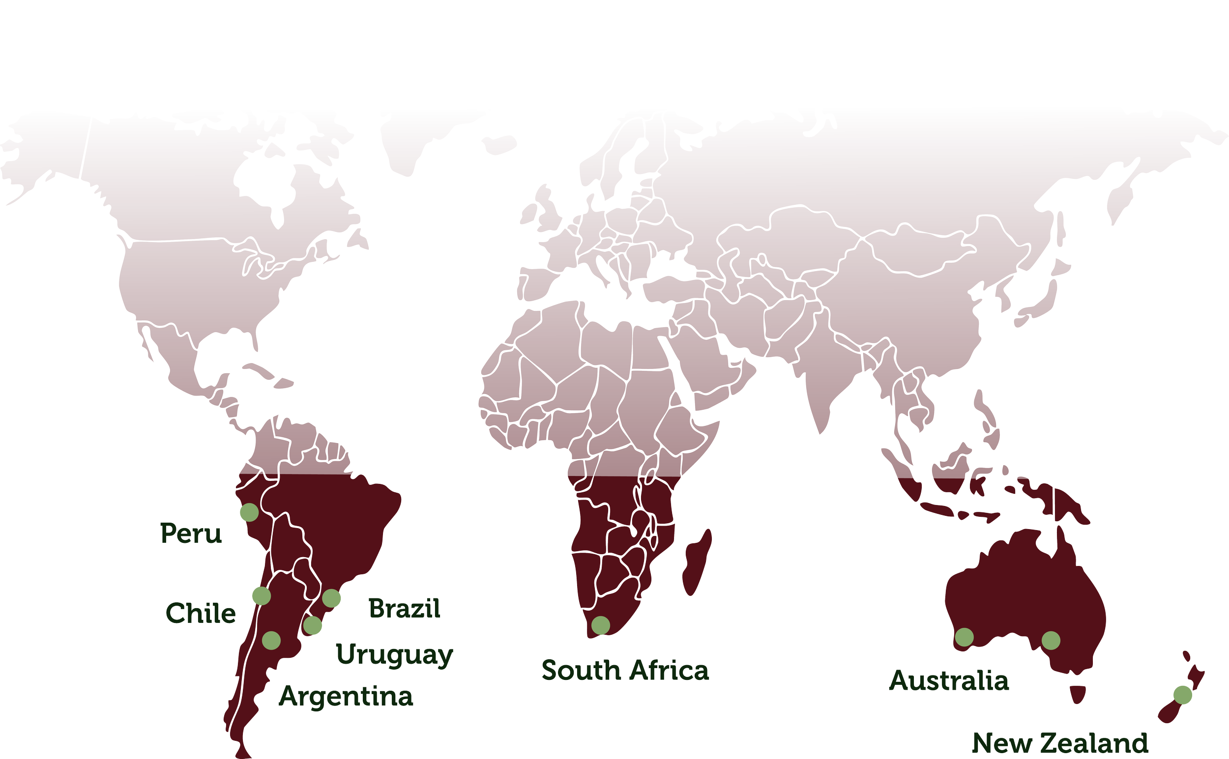 Wereldkaart met groene stippen op Peru, Chili, Argentinië, Uruguay, Brazilië, Zuid-Afrika, Australië en Nieuw-Zeeland.