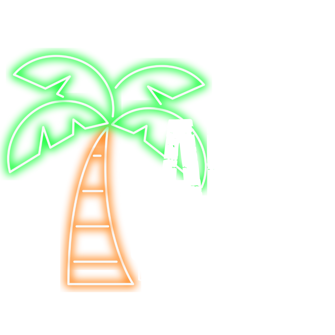 Neon sign of an orange palm tree with green leaves in the background.