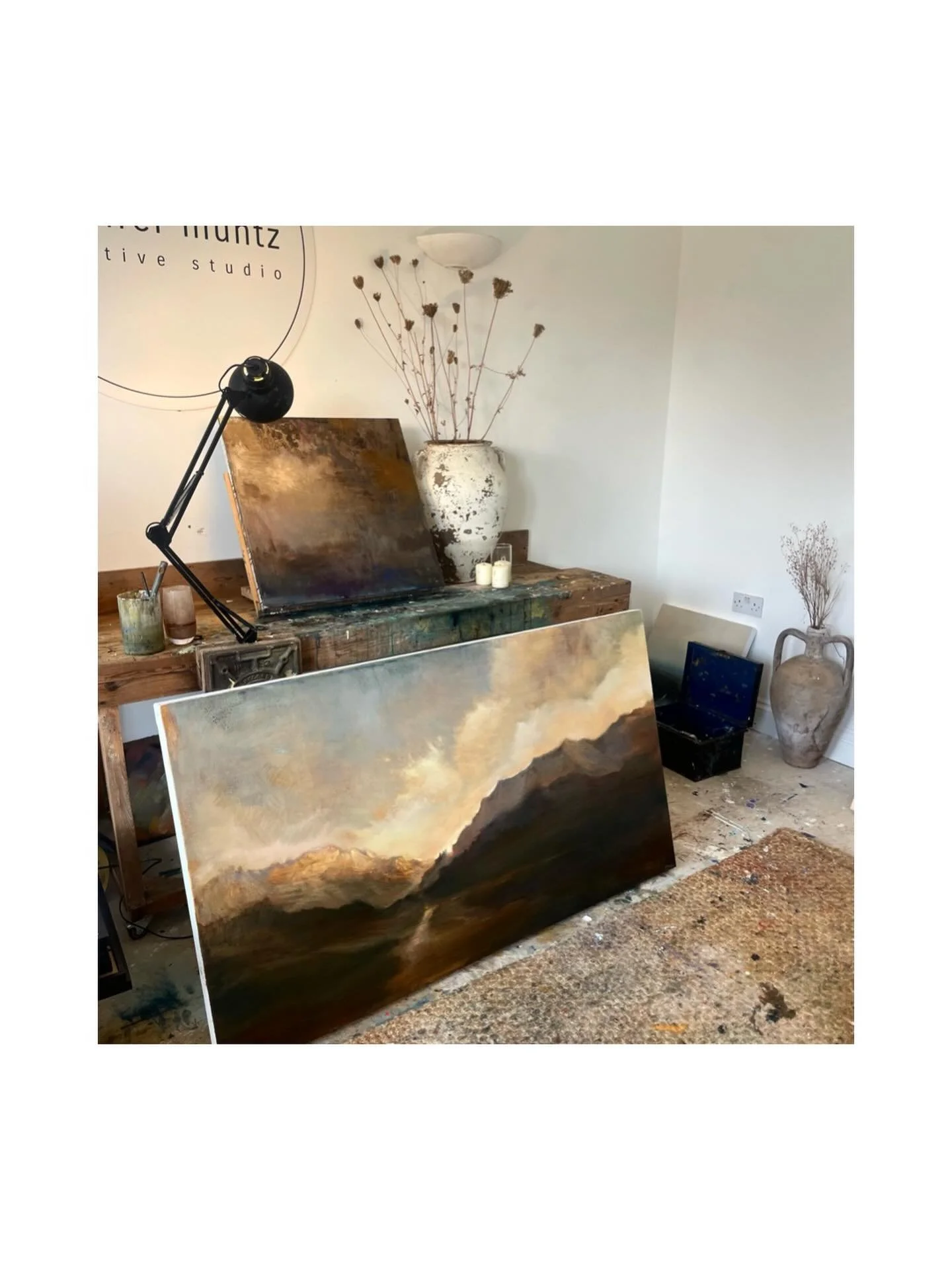 A landscape painting for a client named &lsquo;Aur Eryri&rsquo; meaning Gold of Eryri, Welsh for Snowdonia. I&rsquo;ll miss this in my studio 💫