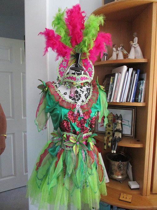 Pink and green Samba costume. Photograph belonging to Jo Treagus.