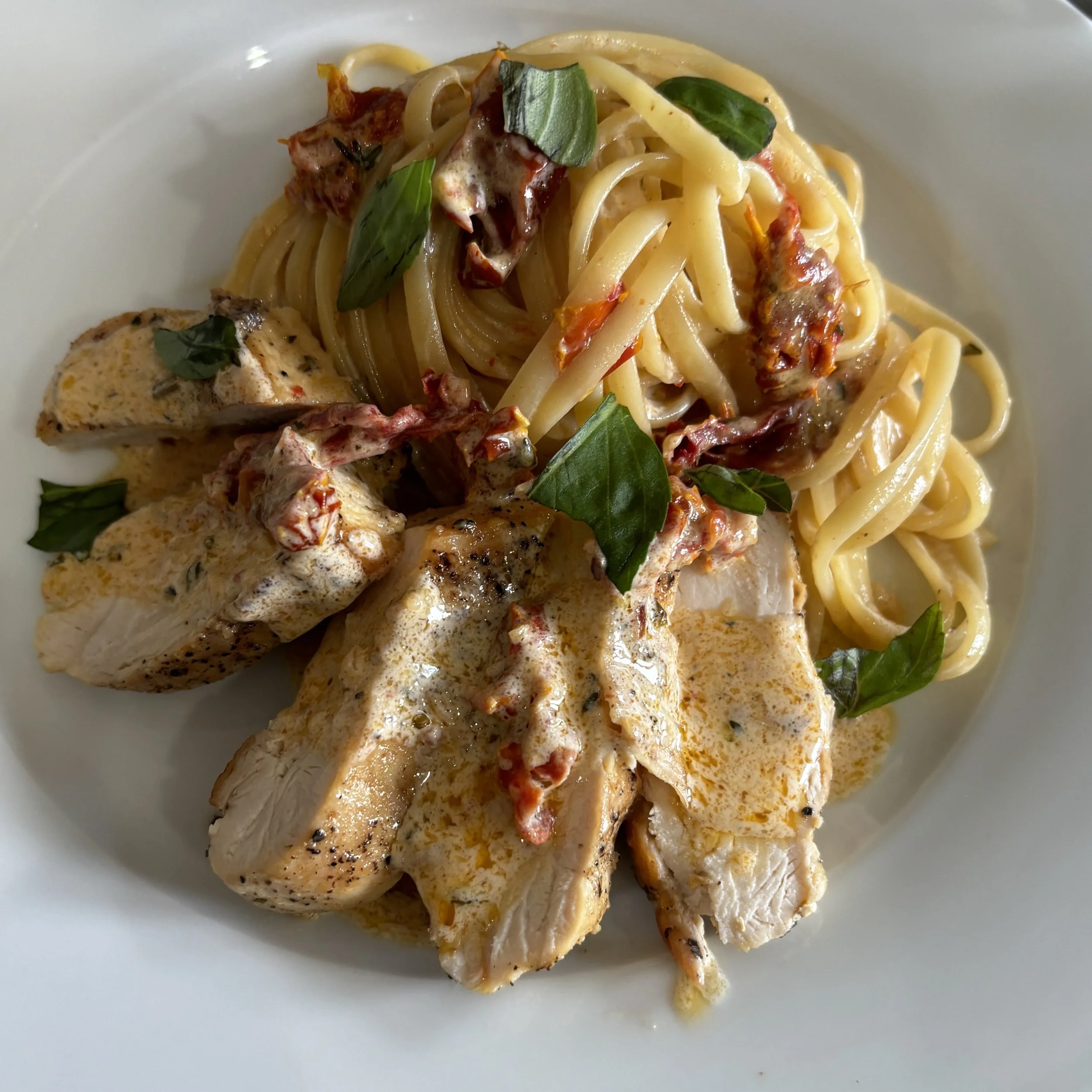 Pan Fried Chicken and Pasta with Sweet and Spicy Cream Sauce