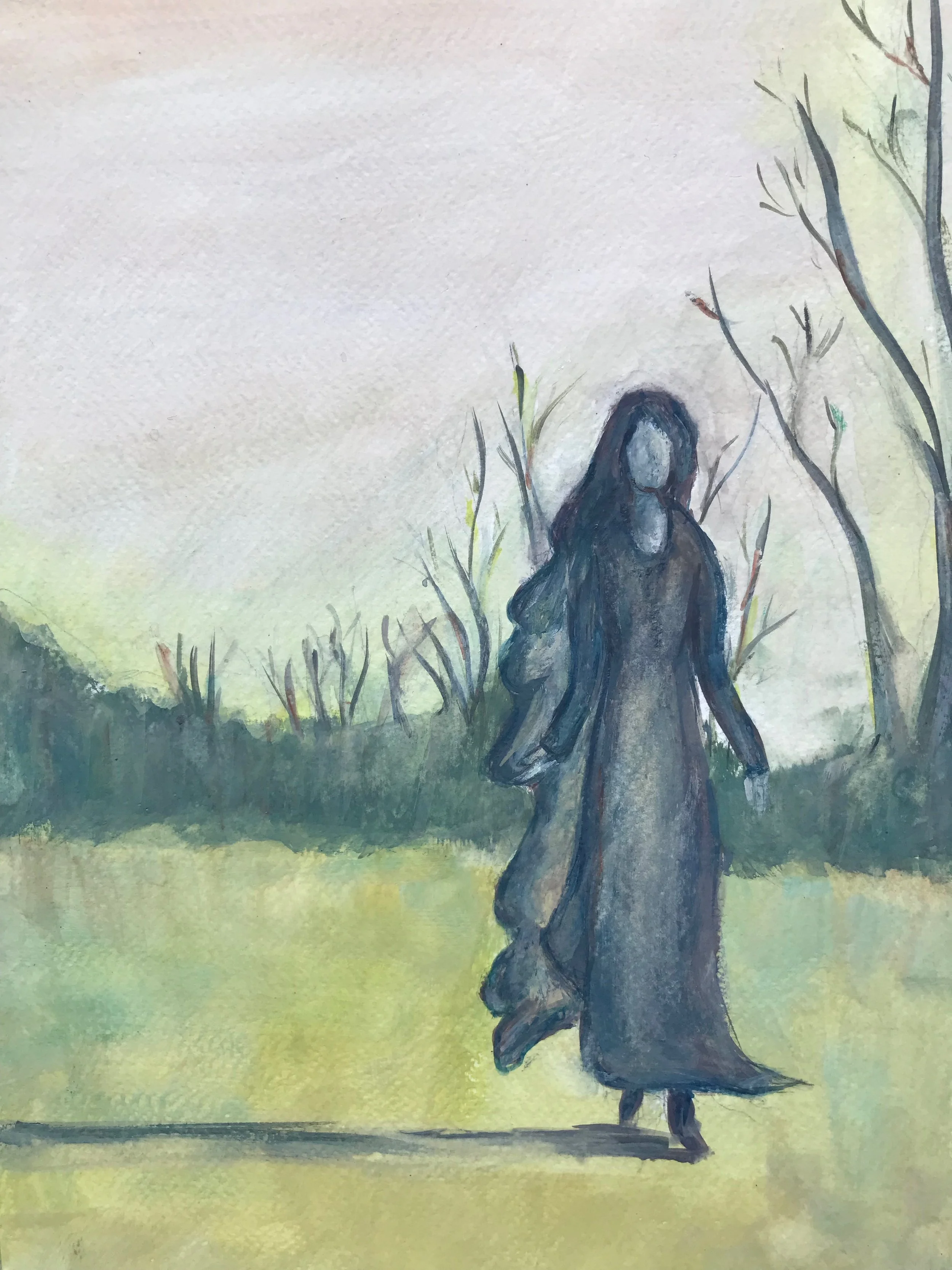 Painting of a person walking through a dreamy landscape with leafless trees and bushes.