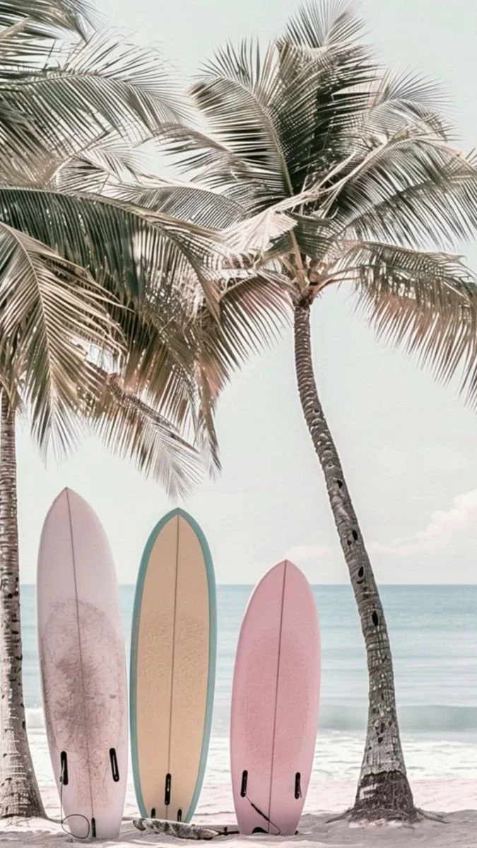 Three surfboards leaning against palm trees on a beach overlooking the ocean.