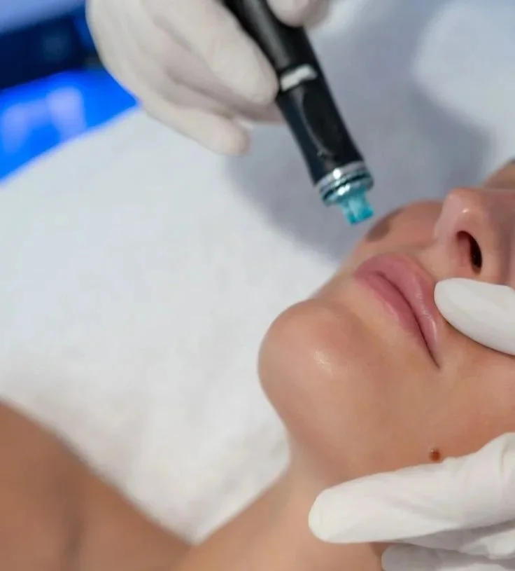 A person receiving a cosmetic treatment with a pen-like device near their lips, while a medical professional wears gloves and holds the person's chin.