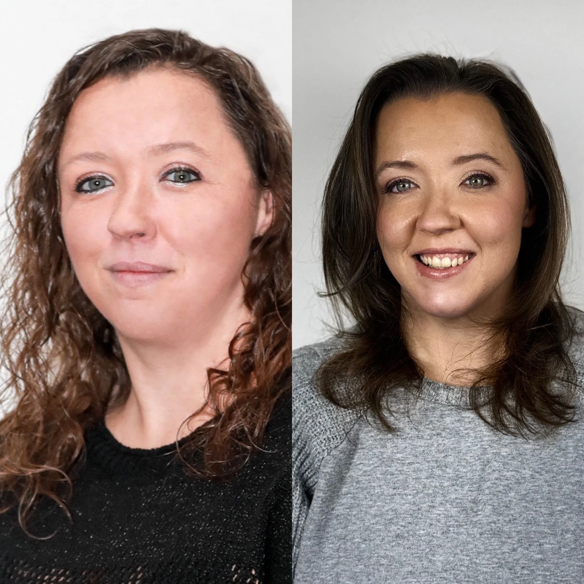 Side-by-side portrait photos of two women, both smiling. The woman on the left has curly, light brown hair, and the woman on the right has straight, dark brown hair.