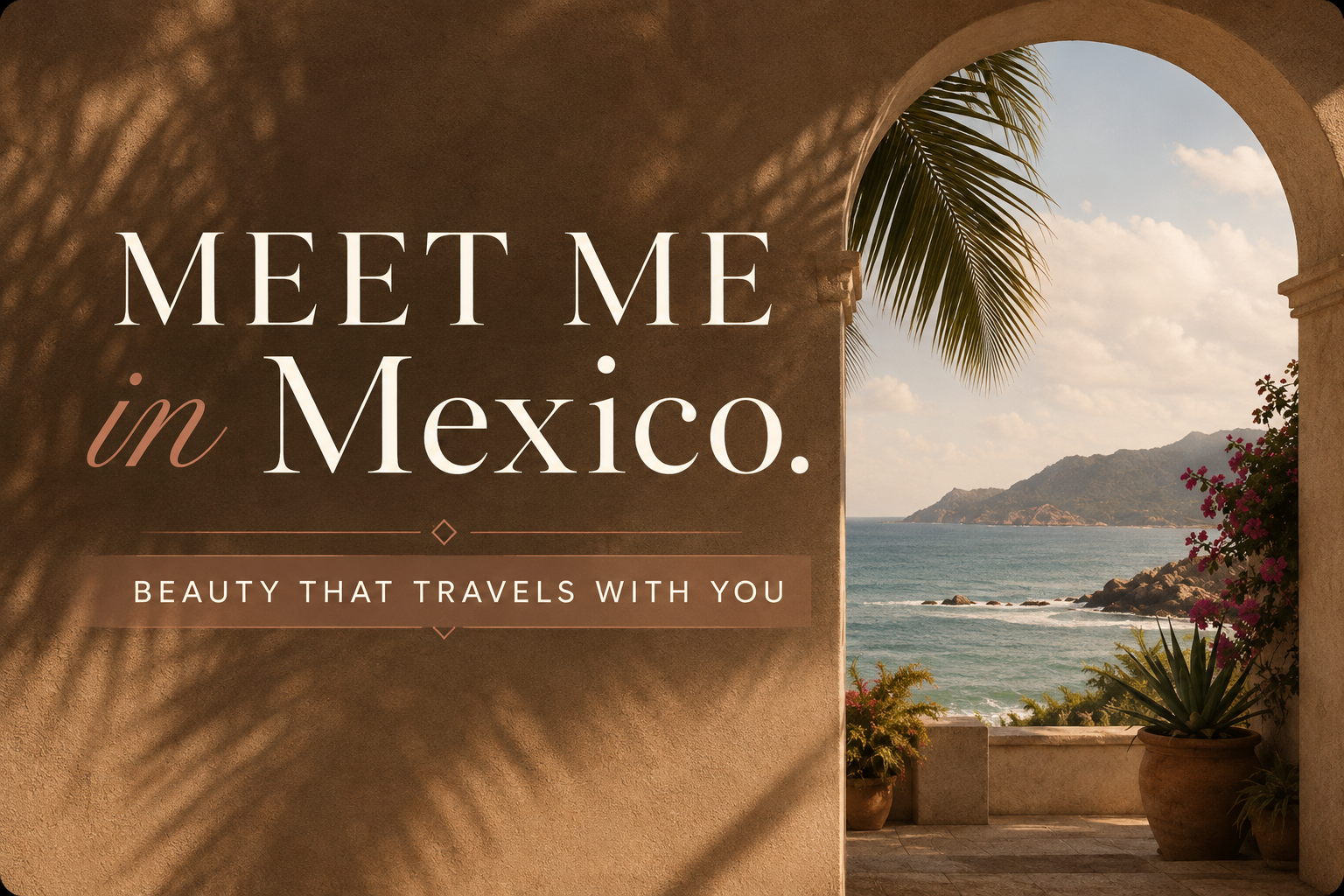 A tropical seaside view framed by an archway, with potted plants and palm trees, overlooking the ocean and distant mountains under a partly cloudy sky. Overlaid text reads, "Meet me in Mexico. Beauty that travels with you."