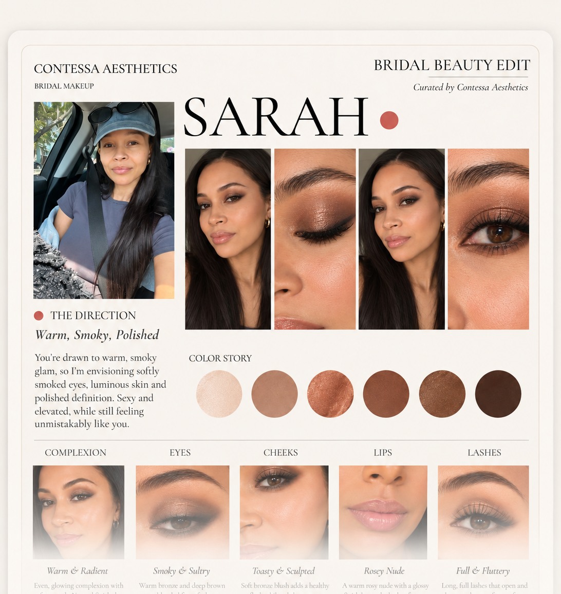 A beauty guide featuring a woman named Sarah with makeup photos, color swatches, and descriptions of her complexion, eye, cheek, lip, and lash looks.