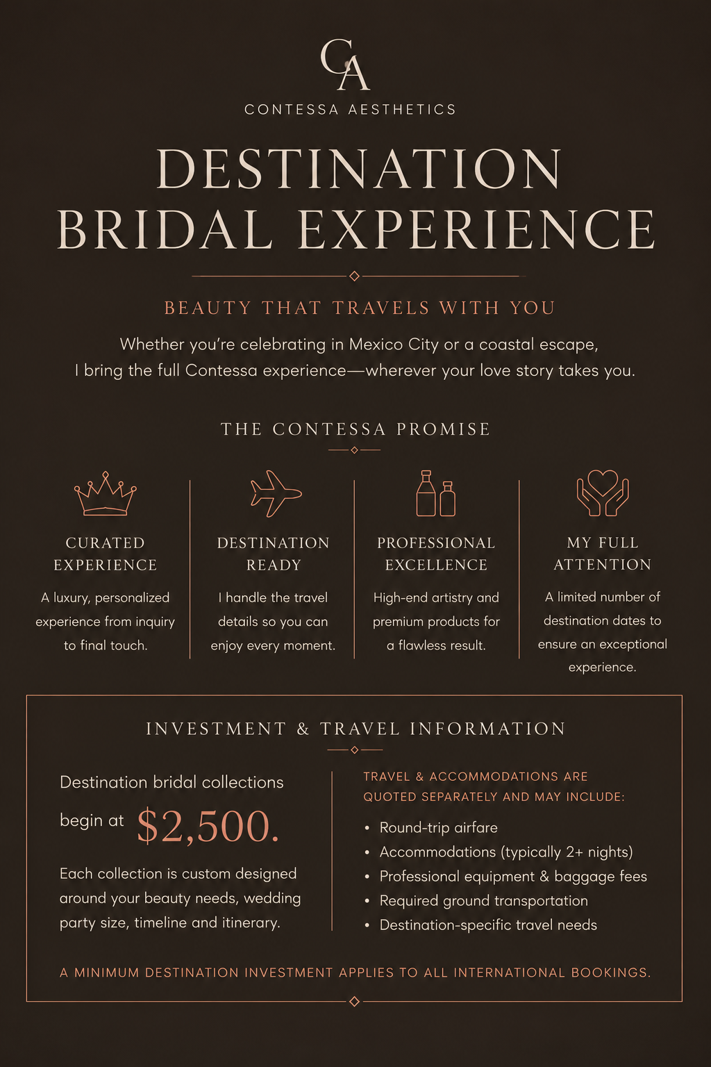 Poster for Contessa Aesthetics' Destination Bridal Experience, featuring details about luxury, personalized wedding travel services in Mexico starting at $2,500, emphasizing elegant design and professional quality.