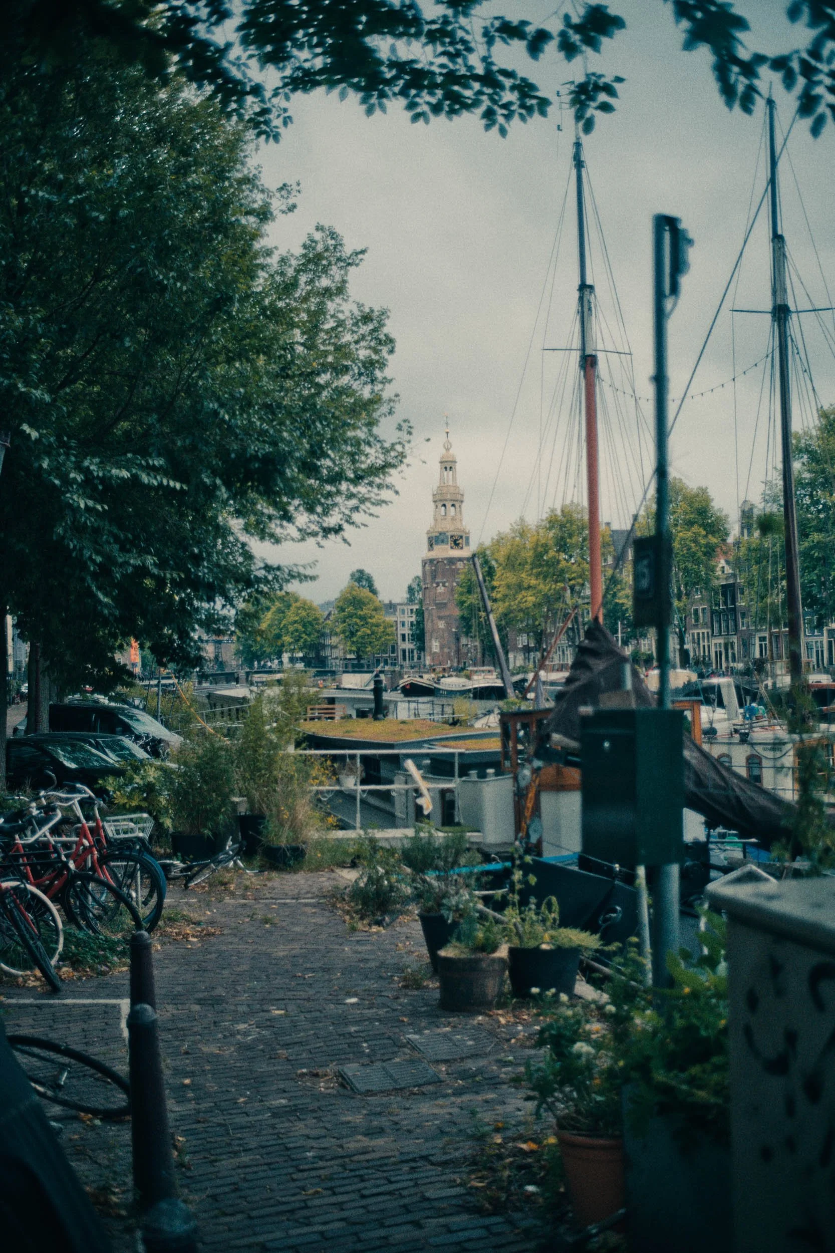 Een haven met boten en huizen, met een kerktoren op de achtergrond, omringd door bomen, fietsen en planten.