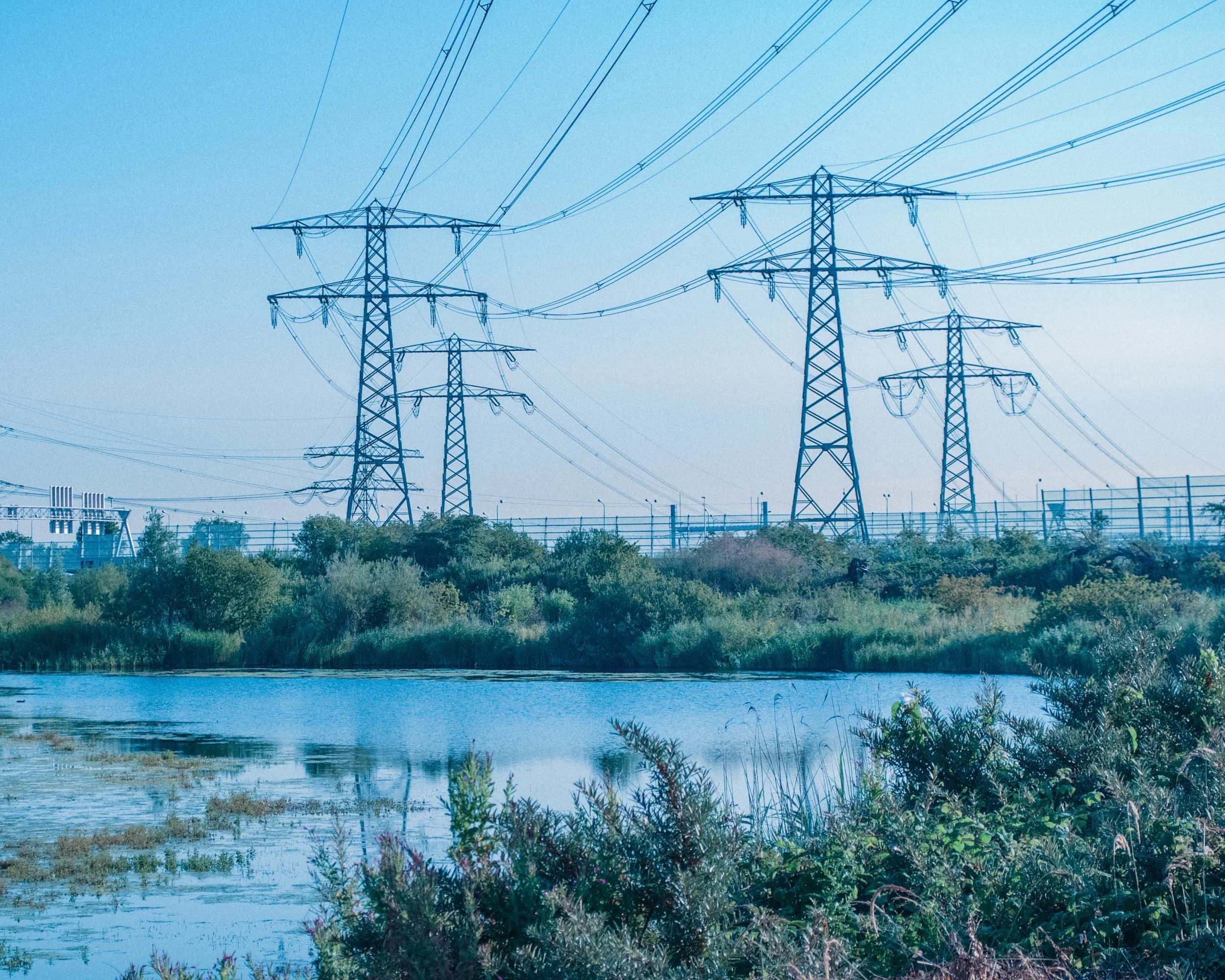 Elektriciteitsmasten en hoogspanningslijnen boven een groen landschap met water en struiken.