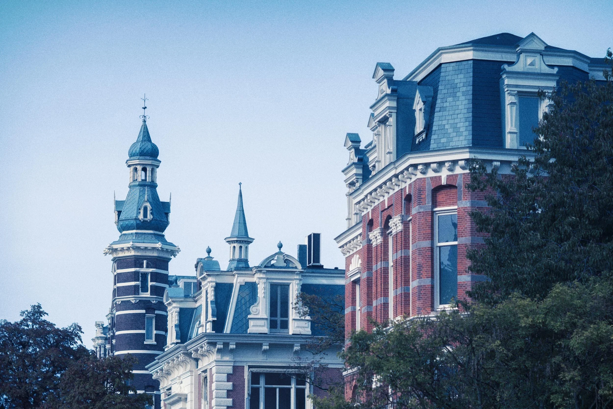 Historisch gebouw met torens en ornamenten, gedeeltelijk bedekt door bomen, onder een heldere blauwe lucht.