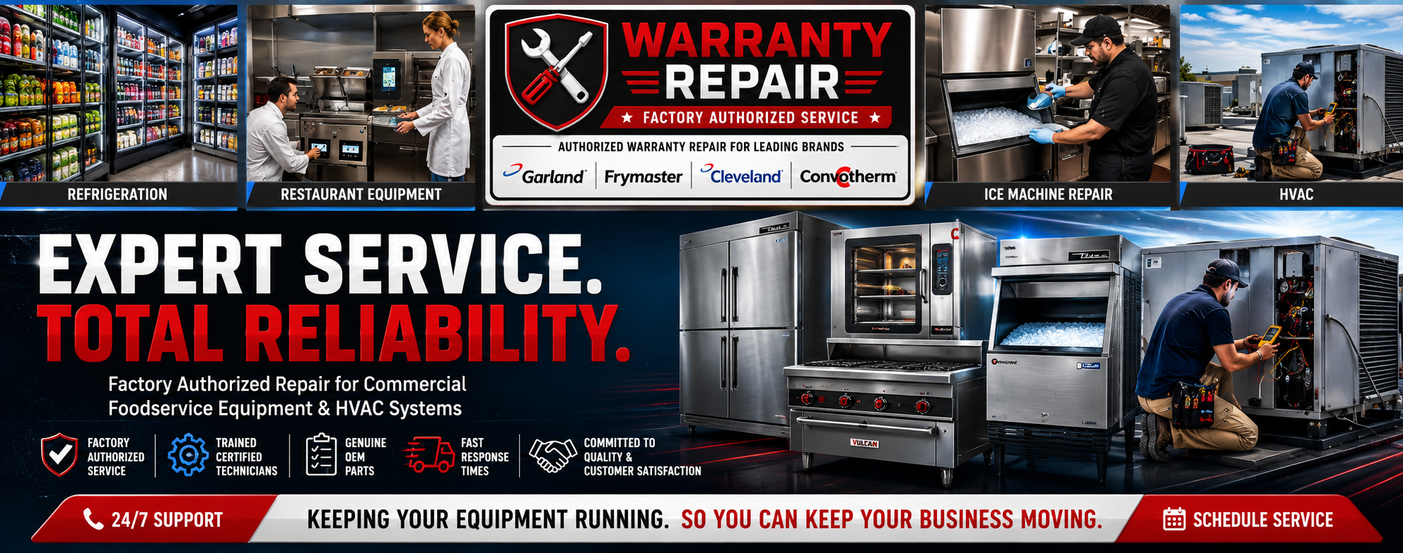 Advertisement for warranty repair services for commercial foodservice equipment and HVAC systems, featuring images of technicians working on refrigeration, restaurant equipment, ice machine repair, and HVAC systems.