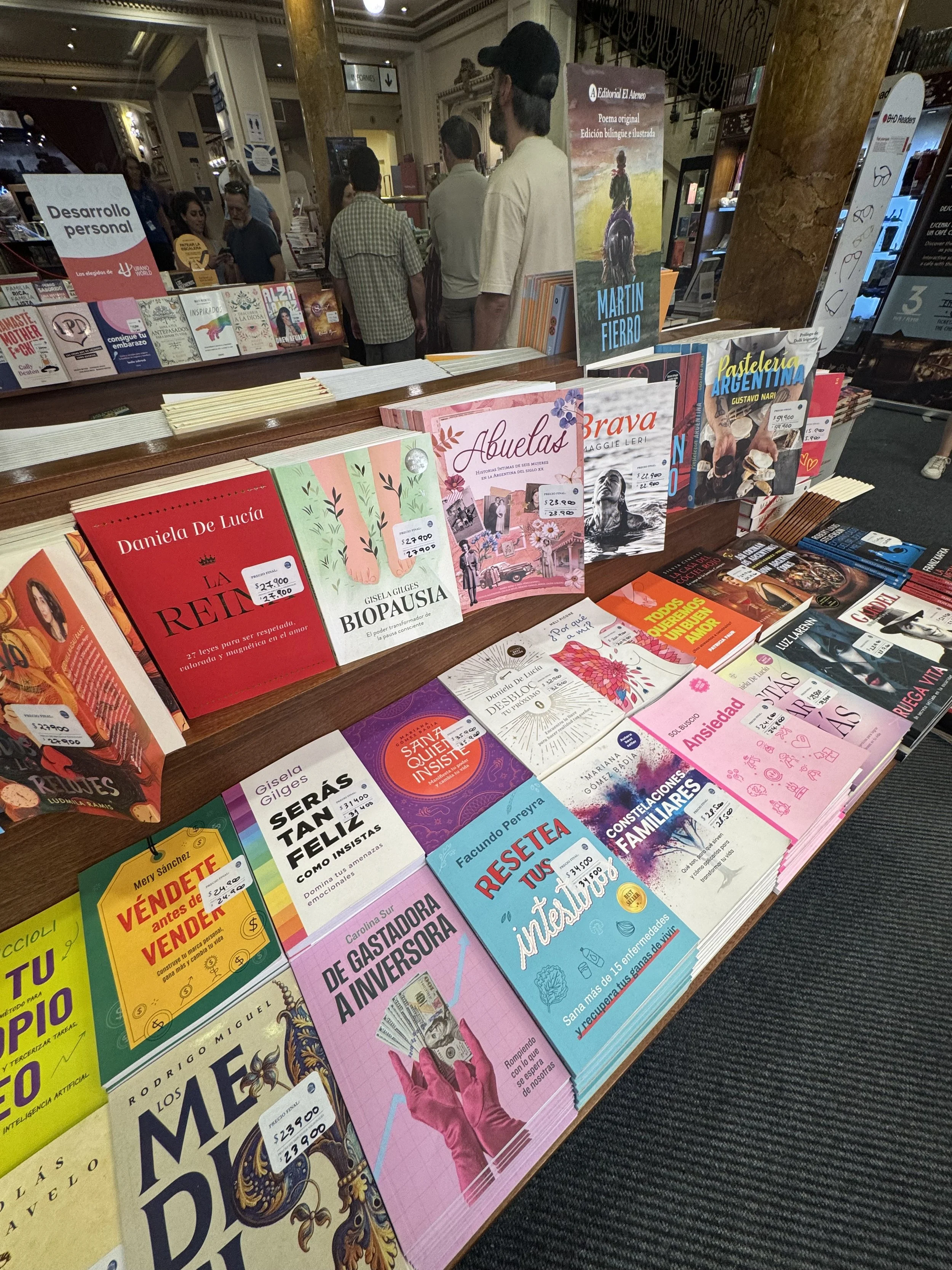 Book covers in El Ateneo Grand Splendid bookstore in Buenos Aires, Argentina January 2026