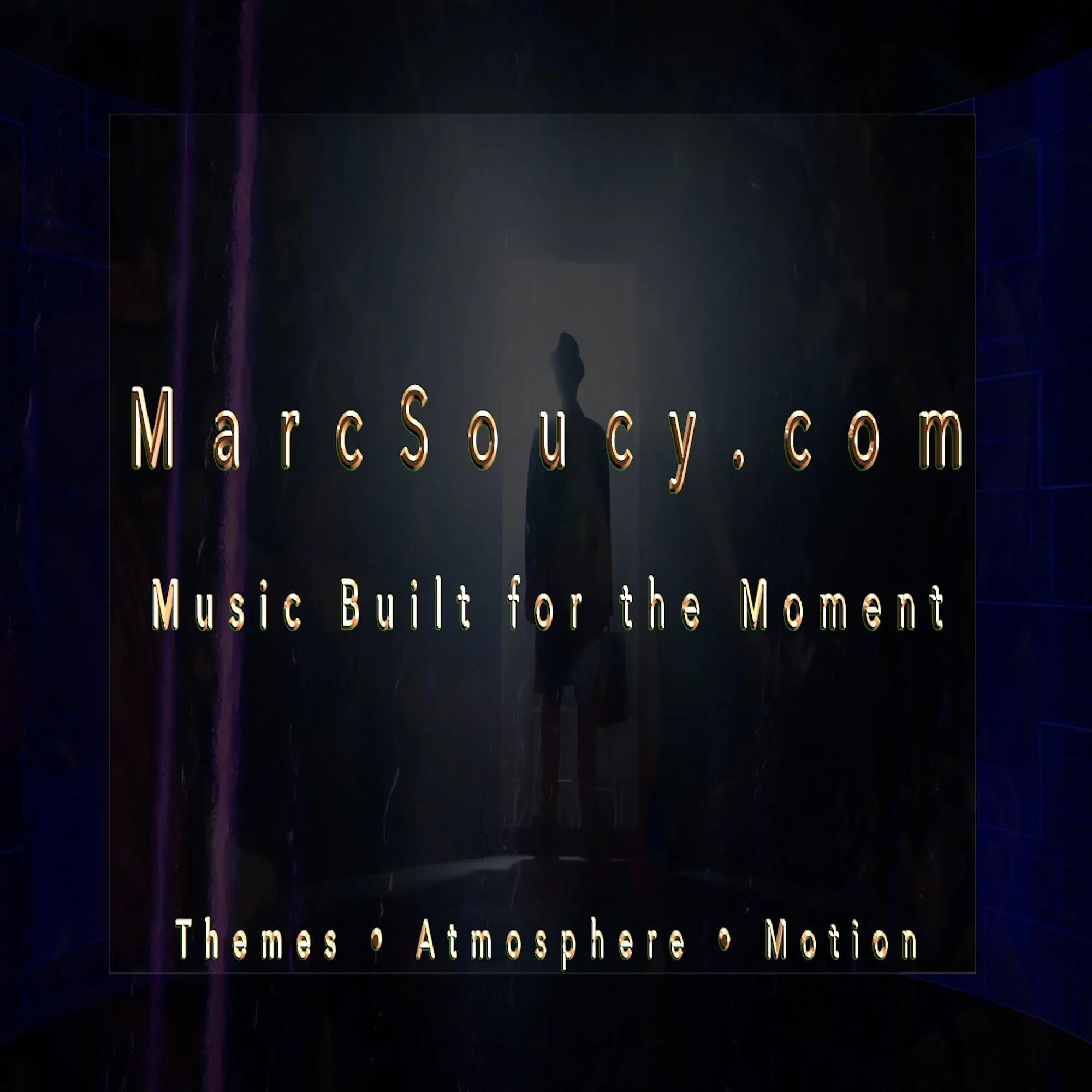 Marc Soucy Cues theme promo copy over image of retro man with briefcase in doorway