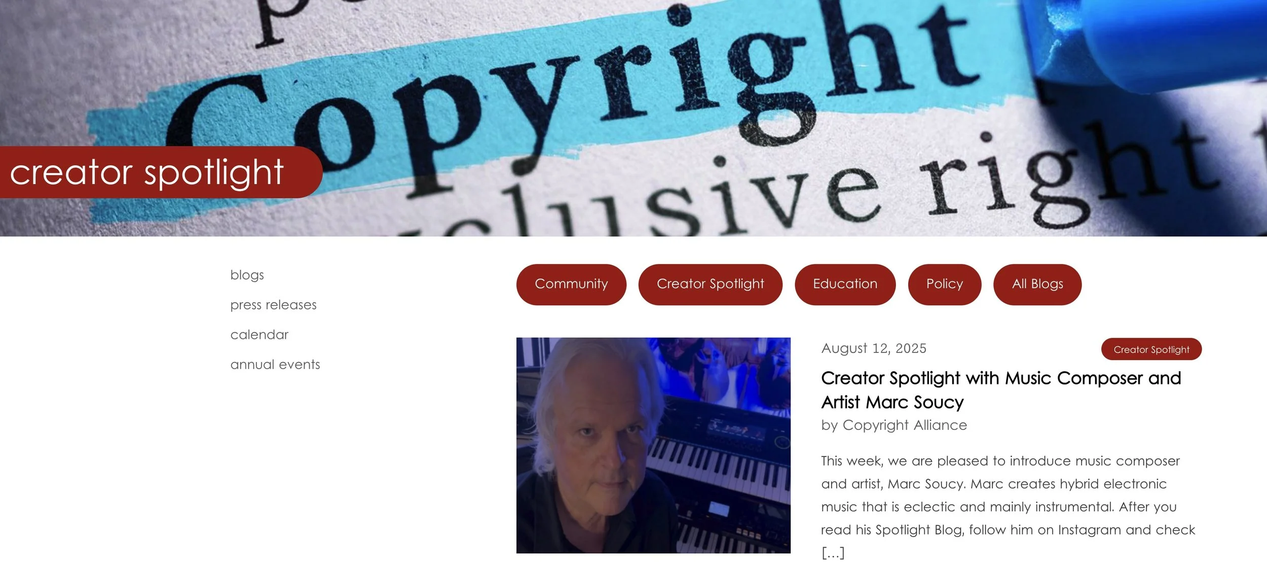 The Copyright Alliance features Marc Soucy in a creator spotlight, published Aug 12 2025