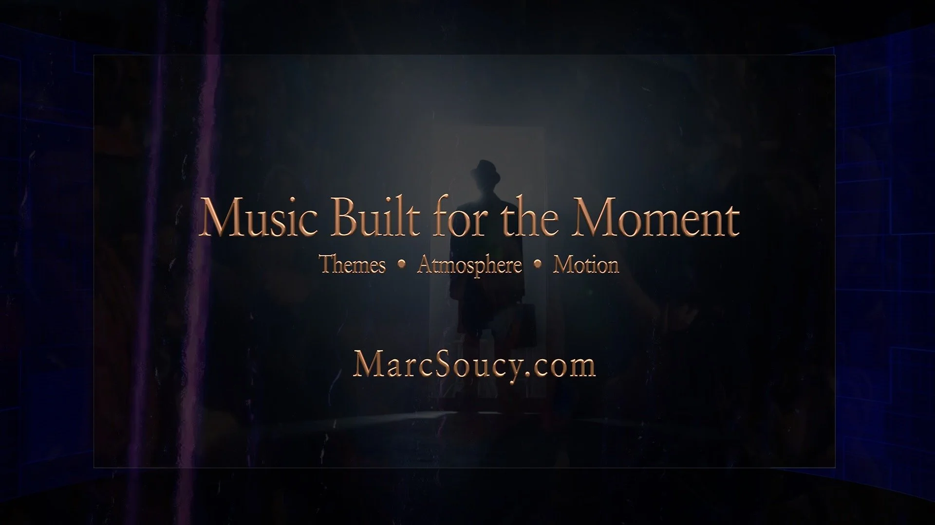 still frame from music video “PONTIFICATE” by Marc Soucy. Silhouette of man with briefcase standing in doorway.